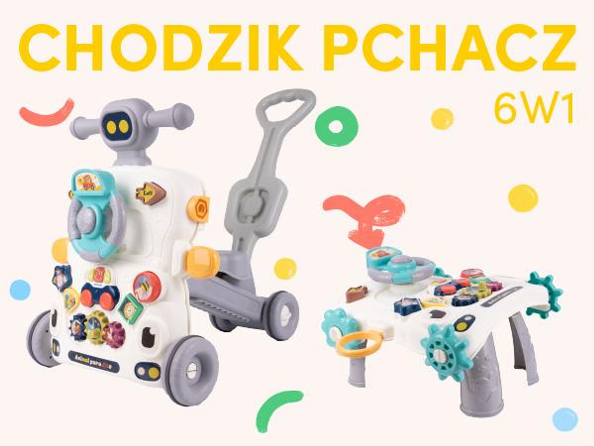 Chodzik pchacz edukacyjny Stolik  z kierownicą i hulajnogą