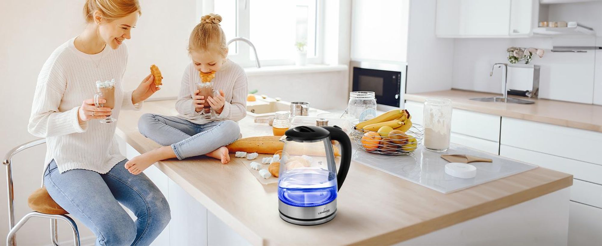 LEHMANN Bouilloire Électrique en Verre et Acier Inoxydable 2L, 2200W Chauffage Rapide, sans BPA