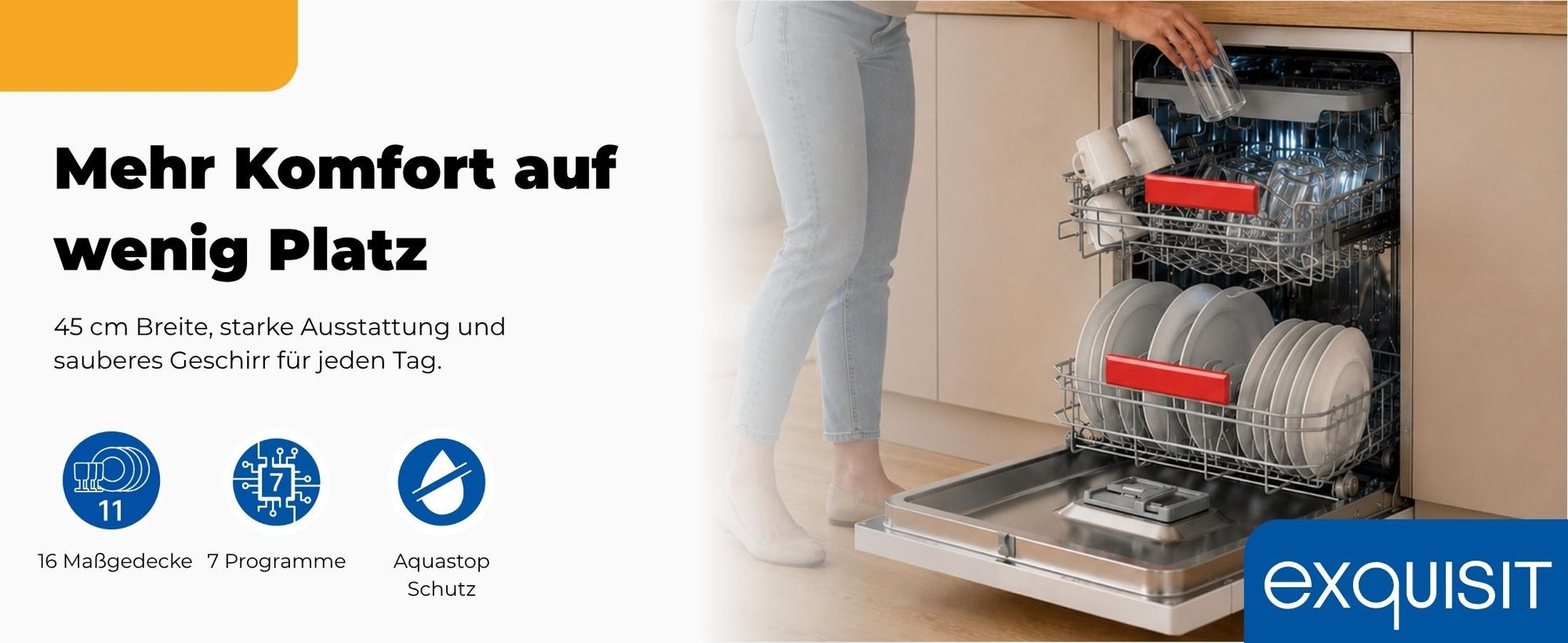 Exquisit Geschirrspüler 11 Maßgedecke | Energieklasse C | 7 Spülprogramme | Aquastop | Besteckschublade | Unterbaufähig | Startzeitvorwahl | Weiß