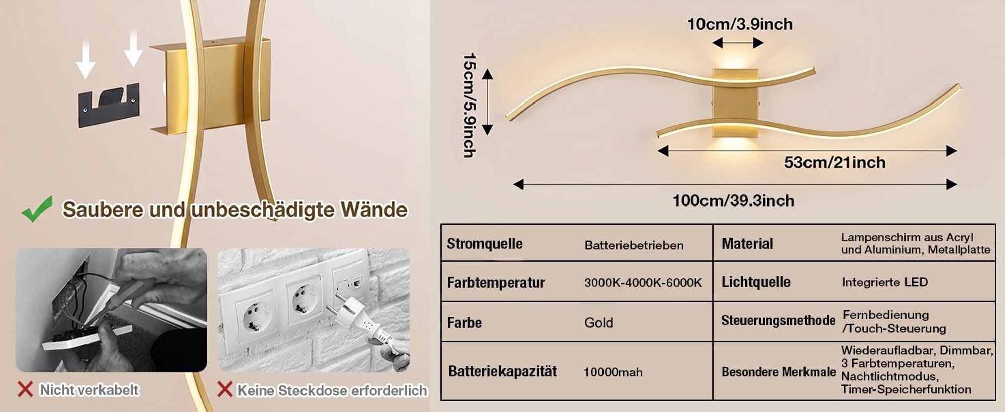 LED Wandleuchte Innen Modern Dimmbar 3 Farbtemperaturen Wiederaufladbar Wandlampe mit Fernbedienung