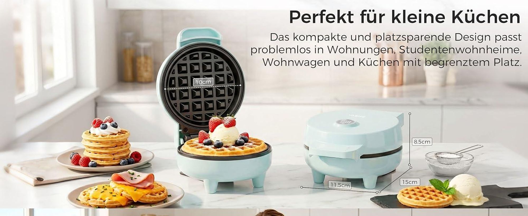 YASHE Mini-Waffeleisen ABW59C, 550 W, 10 cm, Antihaft, Kontrollleuchte, Blau