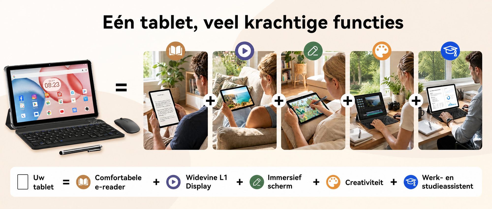 2026 W80 10.1" tablet met 120Hz, 32+128GB/2TB opslag, Android 16, Gemini AI 4.0, Widevine L1, 4G SIM + 5G WiFi, 6000mAh batterij, OTG-ondersteuning, met toetsenbord, muis, stylus en beschermhoes