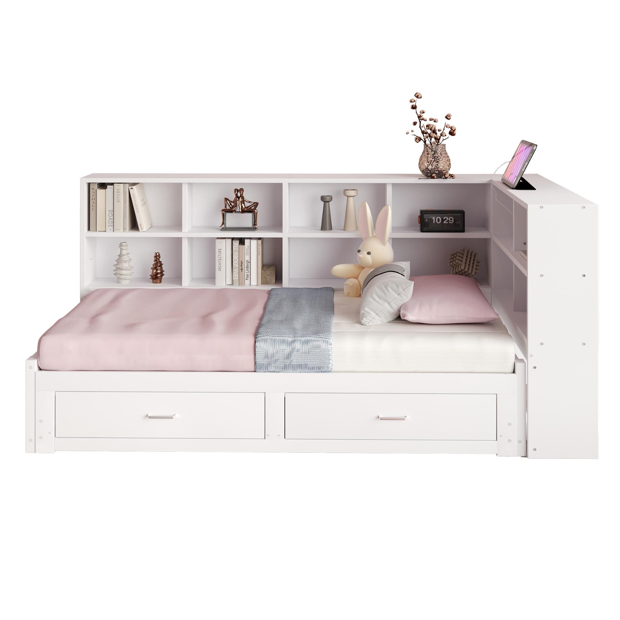Merax Massivholzbett 90x190/180x190 cm mit Ausziehbett, Tagesbett mit Stauraum und Ladeanschluss, Multifunktionsbett Kinderbett Weiß