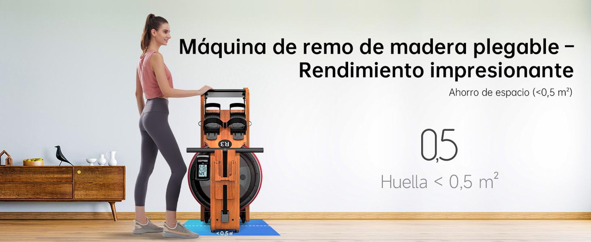 JASPORT R3: Remo plegable con pantalla LCD y Bluetooth, compatible con Kinomap, depósito de agua de 28 litros, capacidad de carga de hasta 150 kg, color cereza