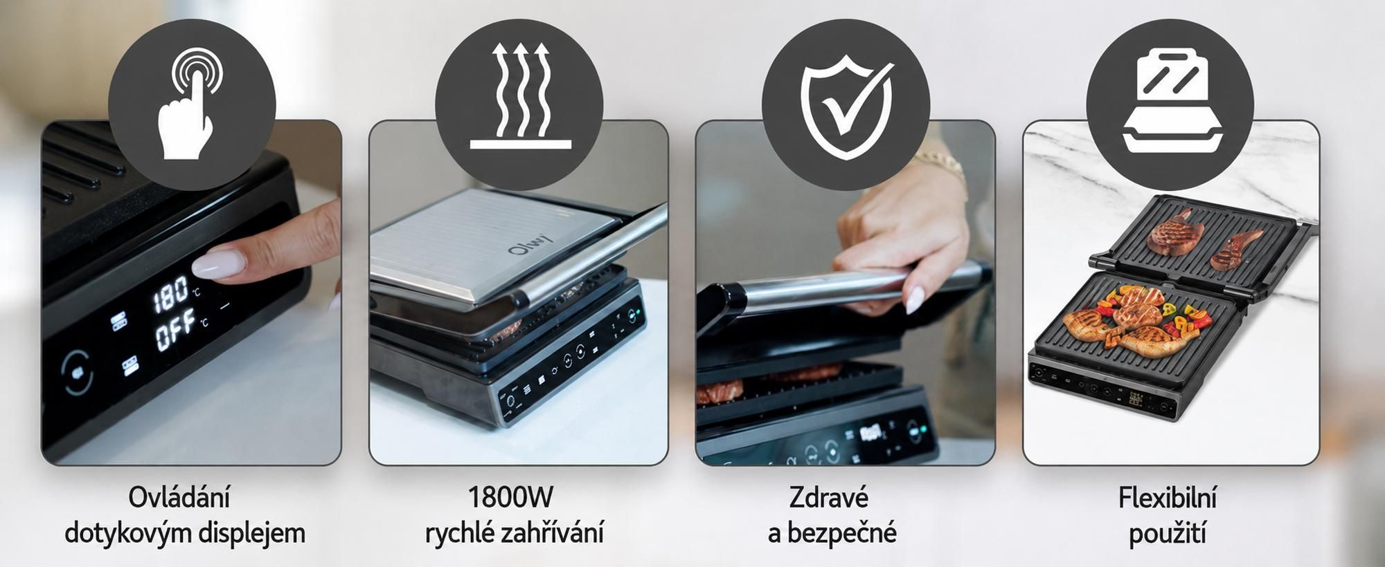 Kontaktní gril Olvy, 1800W, elektrický sendvičovač, 7 programů, panini maker, gril toaster vnitřní gril, desky bez PFAS, stolní gril