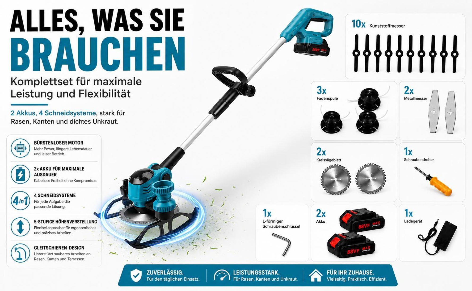 4-in-1 Akku Rasentrimmer 21V, Leicht & Kraftvoll, mit 2 Akkus und Ladegerät, Kabelloser Kantenschneider, Blau