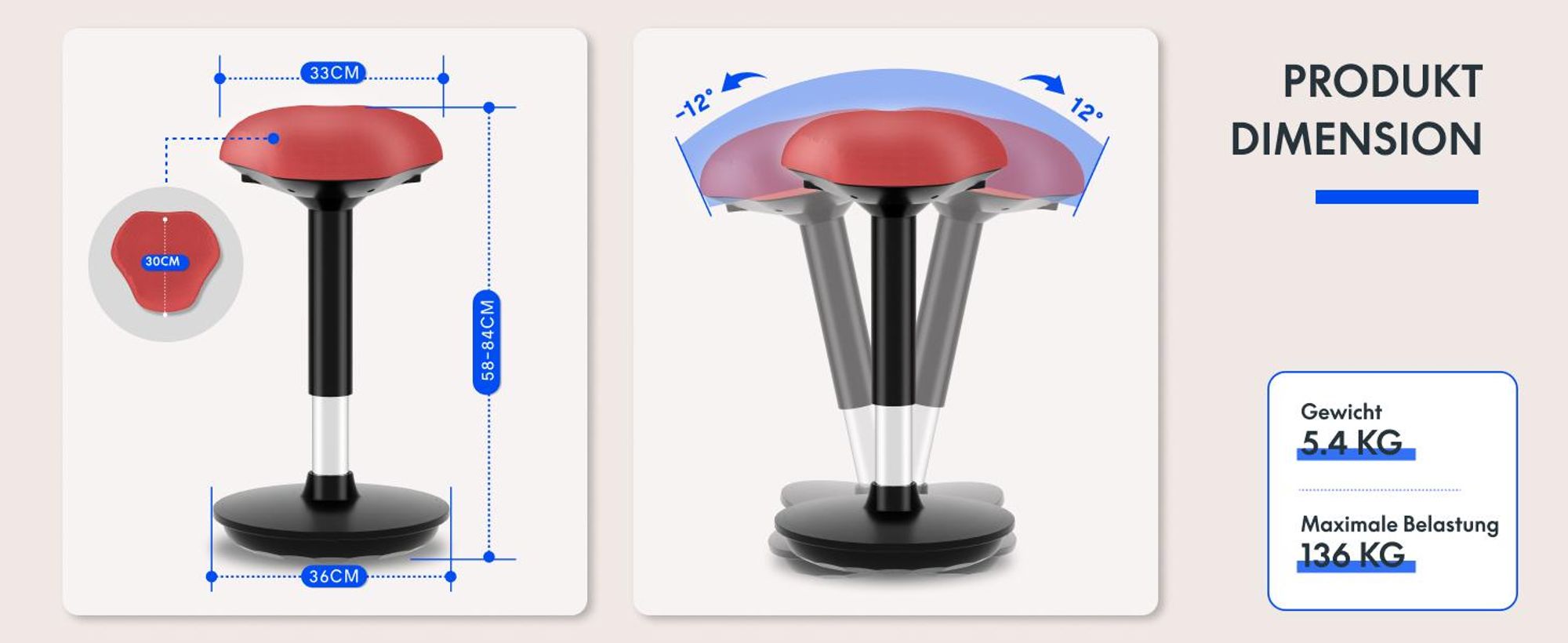 FLEXISPOT 2er Set Ergonomischer Arbeitshocker – Höhenverstellbare Stehhilfe, 360° drehbar, Bürohocker – Schreibtischhocker – Sitz-Steh-Hocker (Rot)