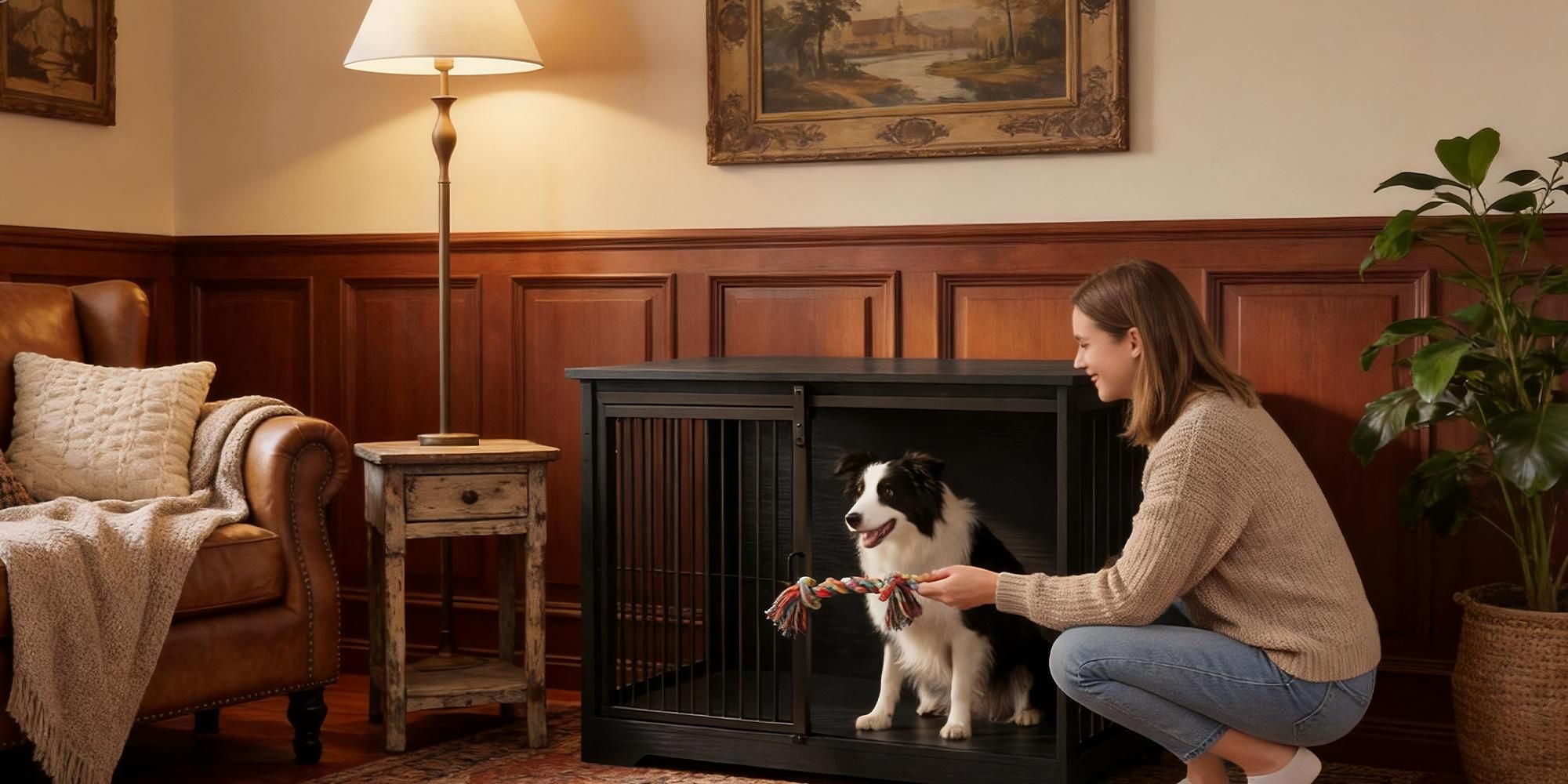 Hundekäfig Möbel, 100 cm Hundebox, 2 Türen, Schwarz | Schiebetüren, Moderne Hundebox Holz Indoor für Mittlere/Große Hunde, Hundekäfig für Zuhause