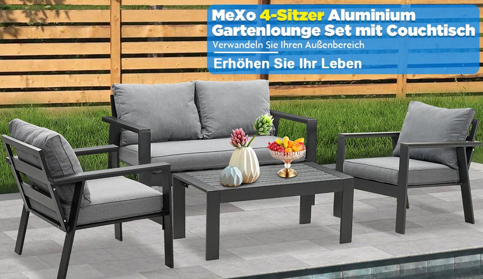 MeXo Gartenmöbelset Aluminium, 4 Personen, Ergonomische Rückenlehne mit Kissen & Couchtisch, Indoor Outdoor Balkon Garten (Sitzgruppe, grau)