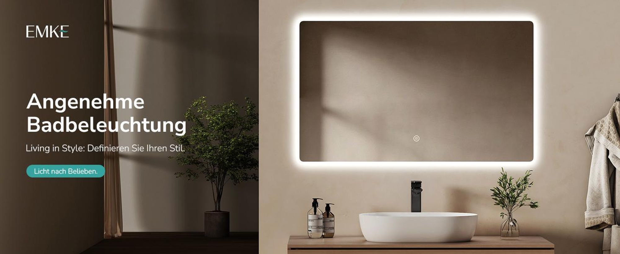 EMKE Badspiegel LED Badezimmerspiegel Wandspiegel mit Beleuchtung 100x60cm 3 Lichtfarbe Dimmbar Lichtspiegel Touchschalter Speicherfunktion Schminkspiegel