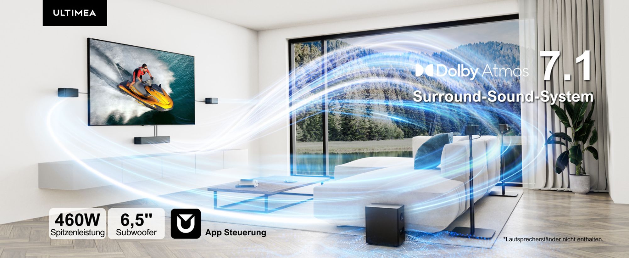 Ultimea Poseidon D80 Boom, 7.1 Kanäle, Dolby Atmos, Spiel, Film, Musik, Nacht, Sport, Voice, 96 dB, 70 dB, 1%