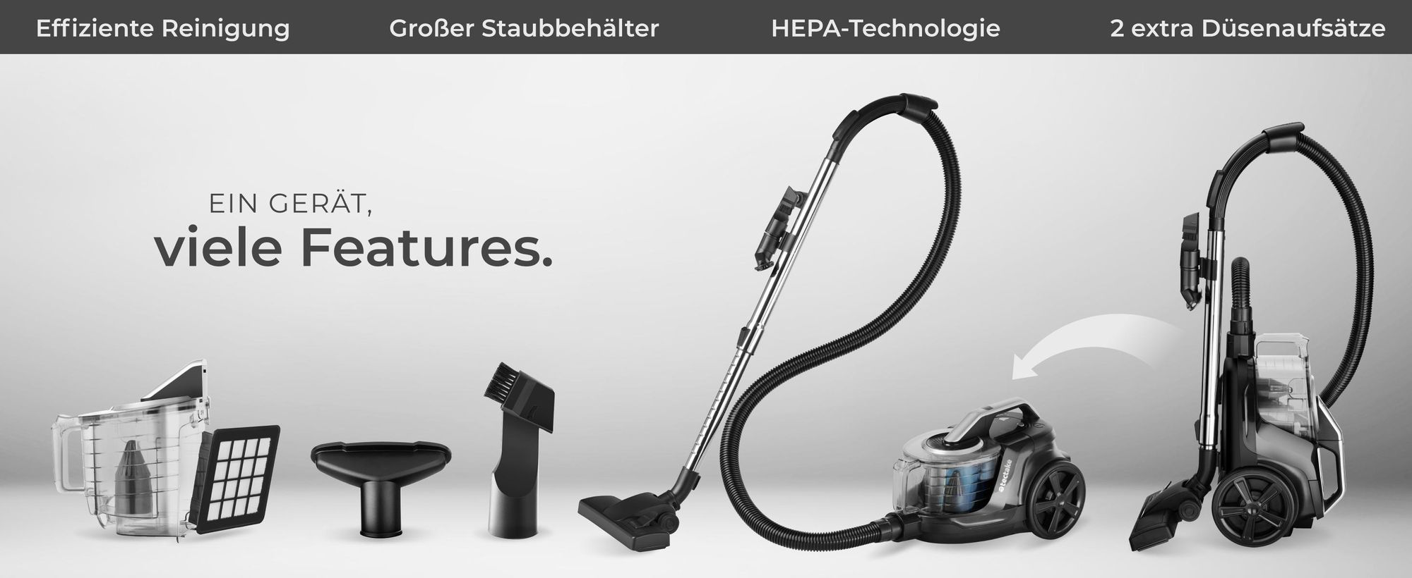 tectake® Staubsauger VC900 900 W, beutellos 43 x 27 x 88 - 117 cm