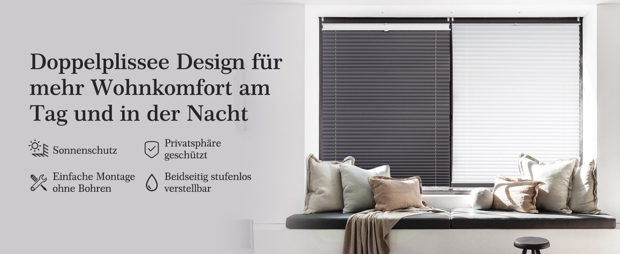 Sekey Plissee 80×130 cm ohne Bohren Day+Night Verdunklungsplissee Weiß+Grau Blickdicht Faltrollo Klemmfix 100% Verdunkelnd Sichtschutz für Fenster