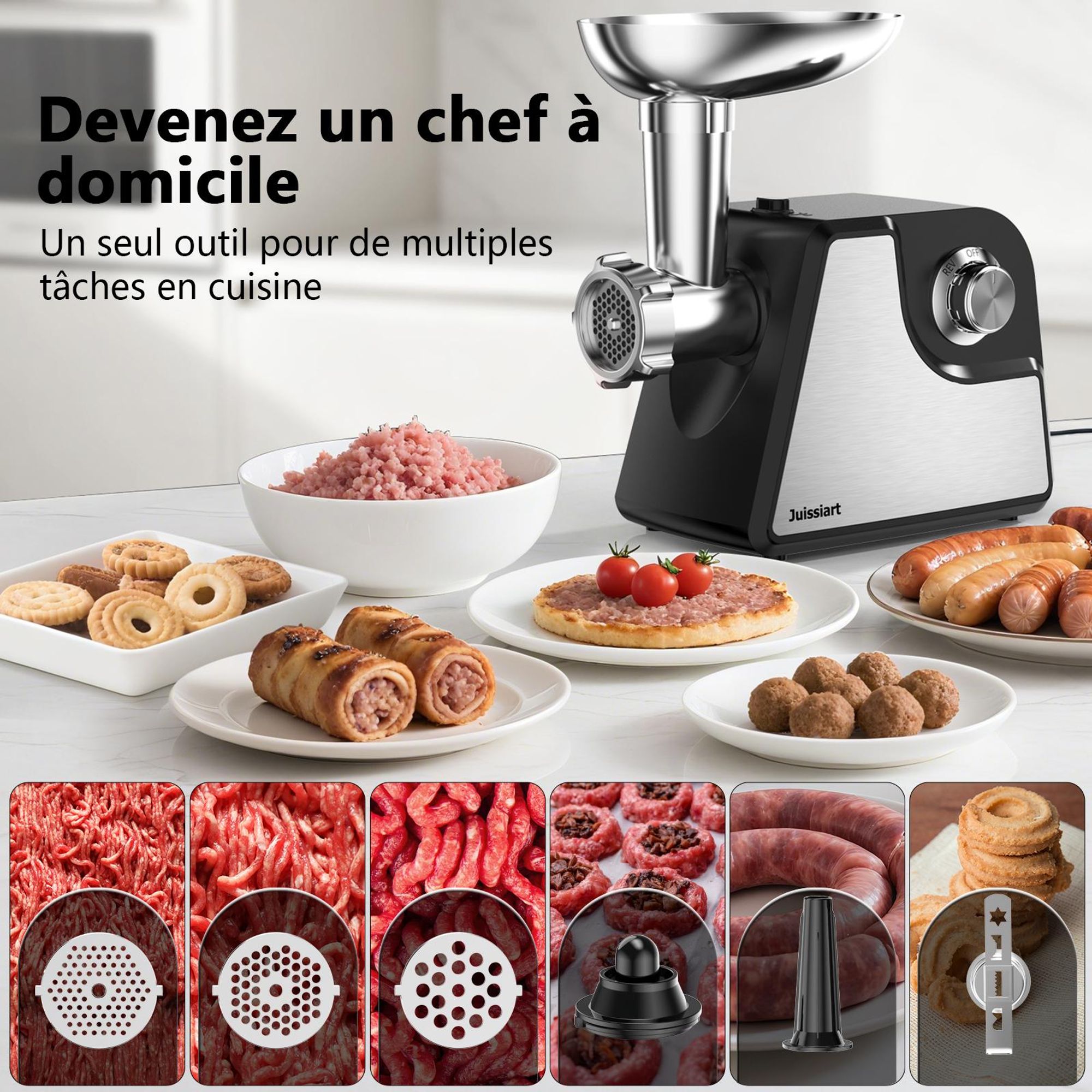 Juissiart MG4150R Hachoir à viande électrique - Puissance 300W Rendement en viande 1.2KG/min Matériau de la lame 420 Acier métallurgique en poudre - Noir