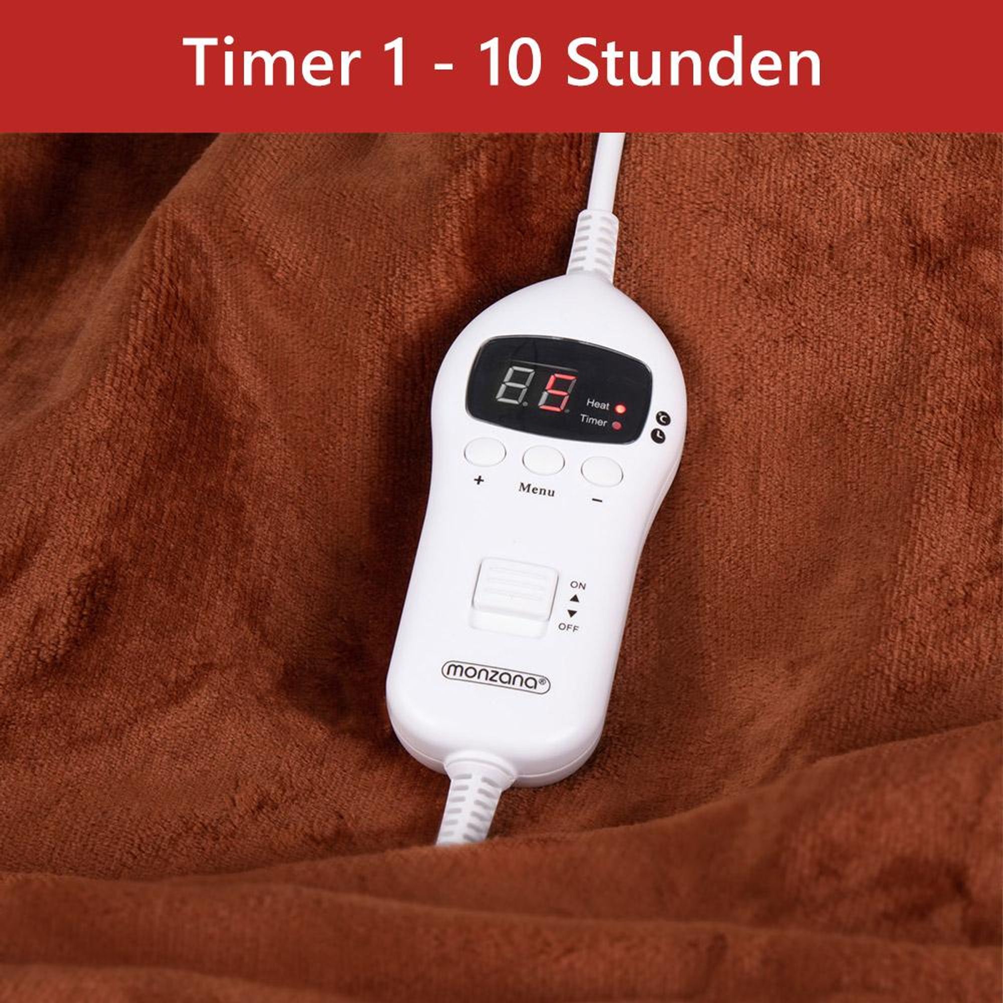 MONZANA® Elektrische Heizdecke 180x130cm 120W 10 Heizstufen 10h Timer Abschaltautomatik Überhitzungsschutz waschbar Fleece Wärmedecke für Bett braun