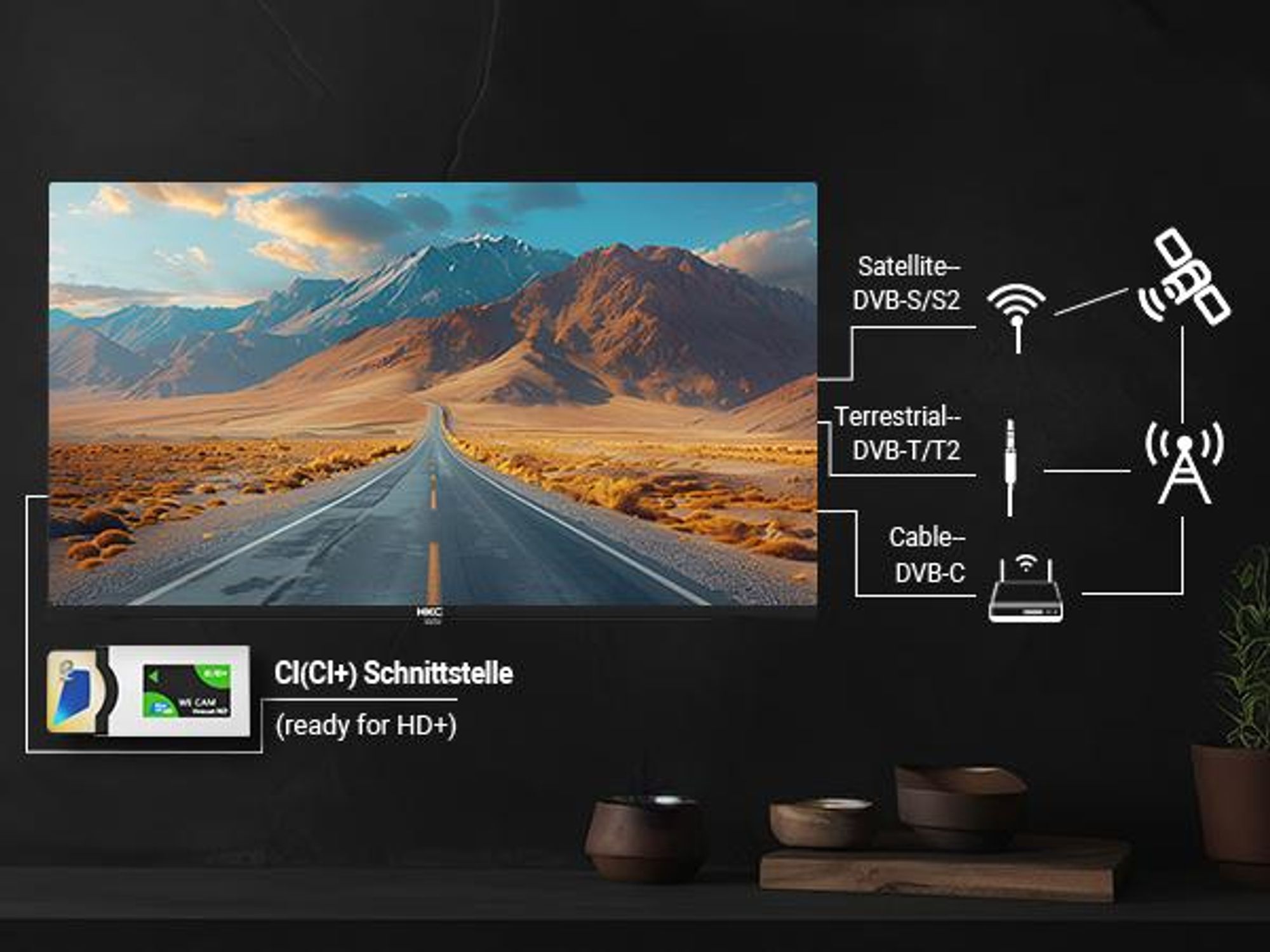 HKC Standard TV - LED Full HD - 40 Zoll/102 cm - Randlos Design - Tripple Tuner DVB-T/T2/S/S2/C - HDMI x3, USB x2, CI+ - Hotelmodus - Mortiert in Eindhoven - H40Q1F-NS