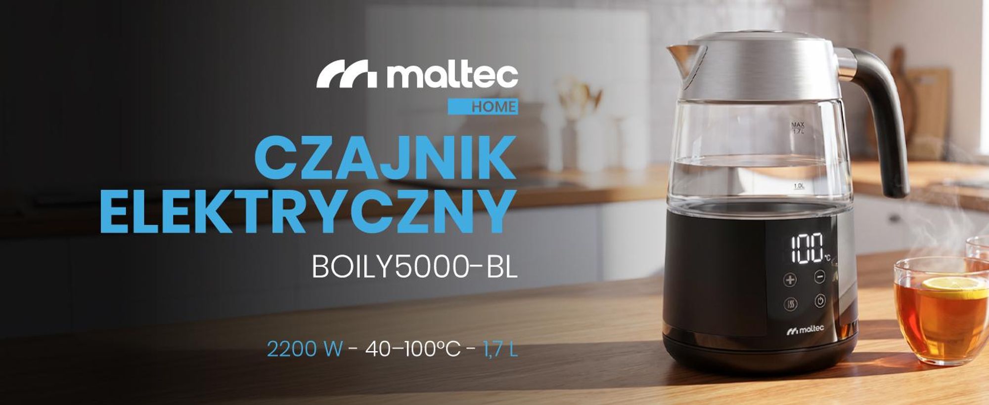 Szklany czajnik elektryczny o pojemności 1700ml i mocy 2200W z funkcją trzymania temperatury