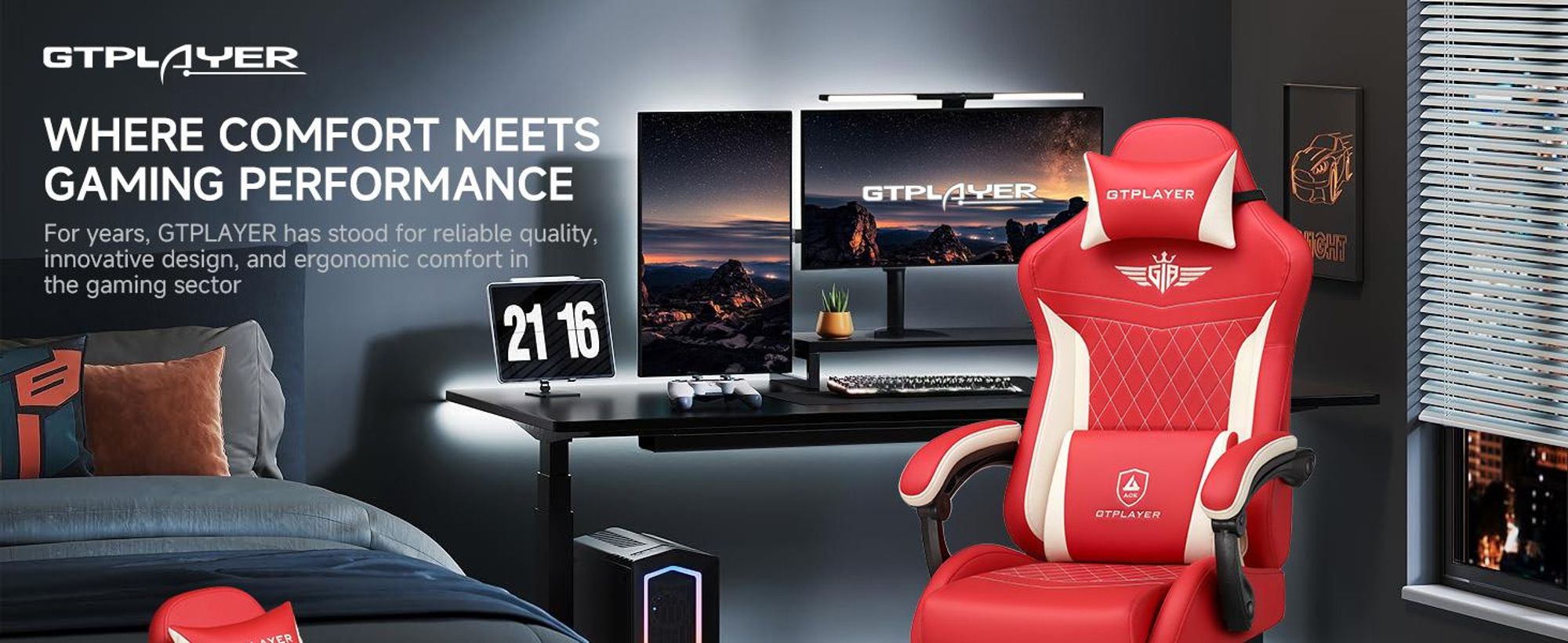 GTPLAYER Sedia da gioco, Sedia ergonomica per giocatori in Finto cuoio con supporto lombare, Sedia per PC con schienale allargato, Portata fino a 150 kg, Rosso
