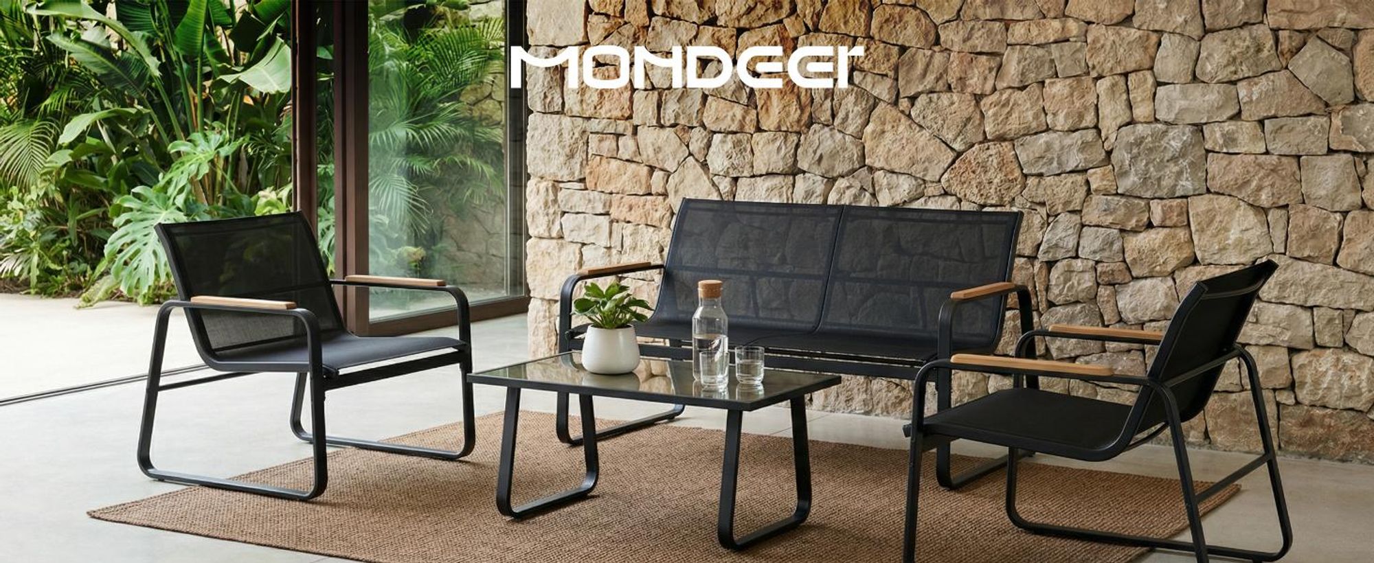 Mondeer Gartenmöbel Set 4-tlg Sitzgruppe Balkon Terrasse mit Mesh-Gewebe & Holz-Kunststoff-Armlehnen Schwarz