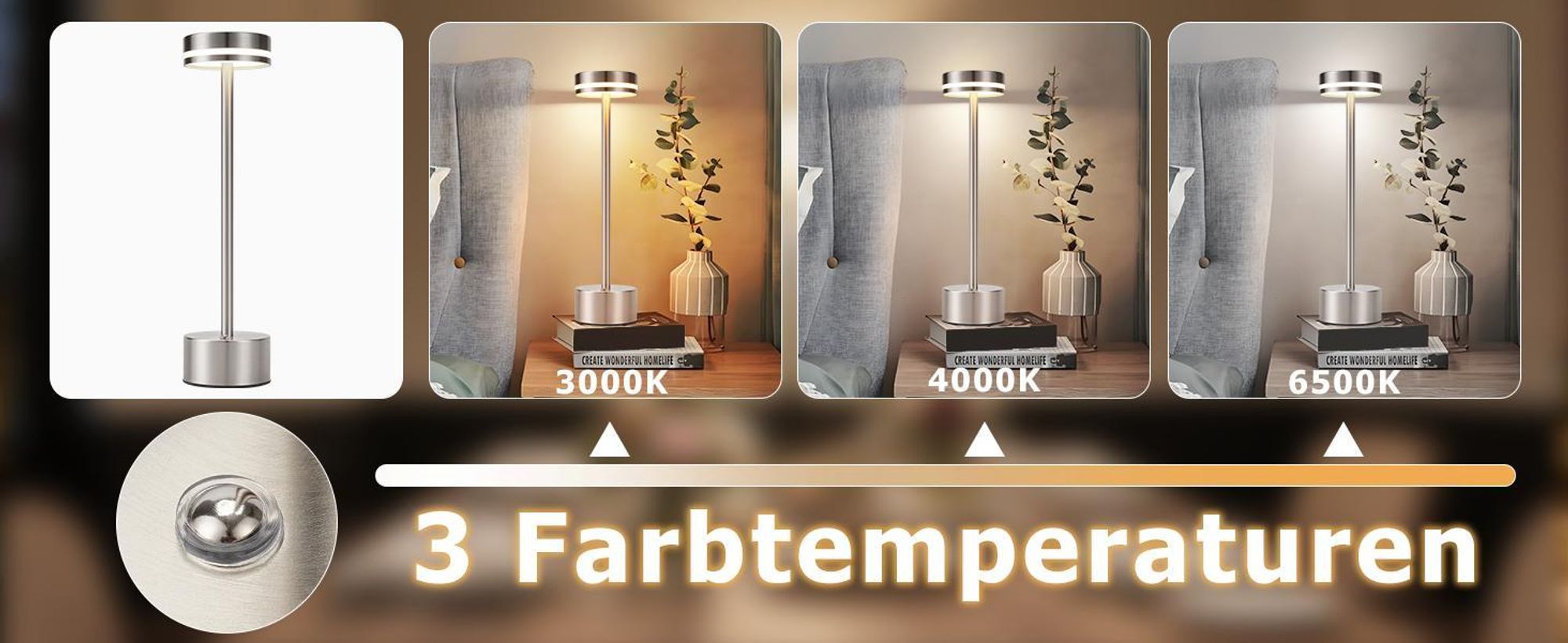 ZMH Tischleuchte Akku LED Tischlampe Kabellos Nachttischlampe Dimmbare mit USB-C Touch Lampe 3000K-6500K Silber Tischlampen für Schlafzimmer Esszimmer Büro