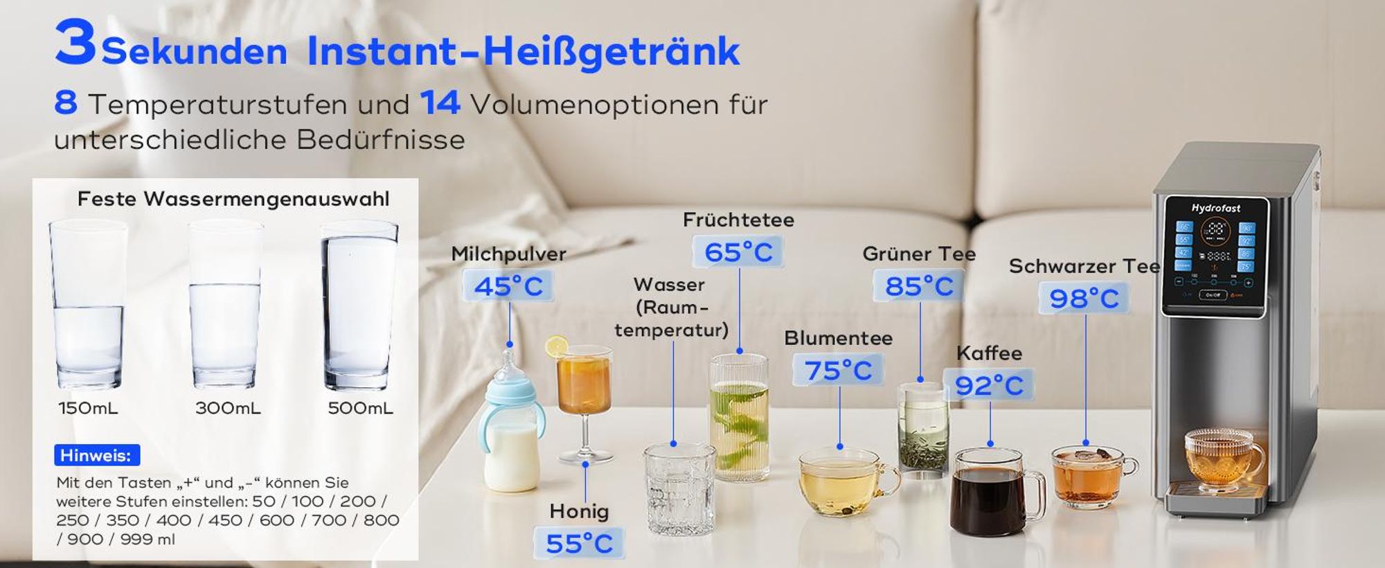Hydrofast Wasserfilter W100 Tisch-Wasseraufbereiter mit Heiß- und Trinkwasser, Umkehrosmose, 8 Temperaturstufen, 6-stufige Filtration, UV-Sterilisat