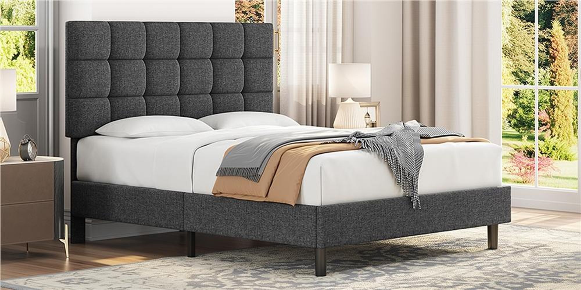 Yaheetech Polsterbett Doppelbett mit Höhenverstellbarem KopfteilStabiler Bettrahmen Stoffbett mit Lattenrost Bettgestell 140x200 cm Dunkelgrau