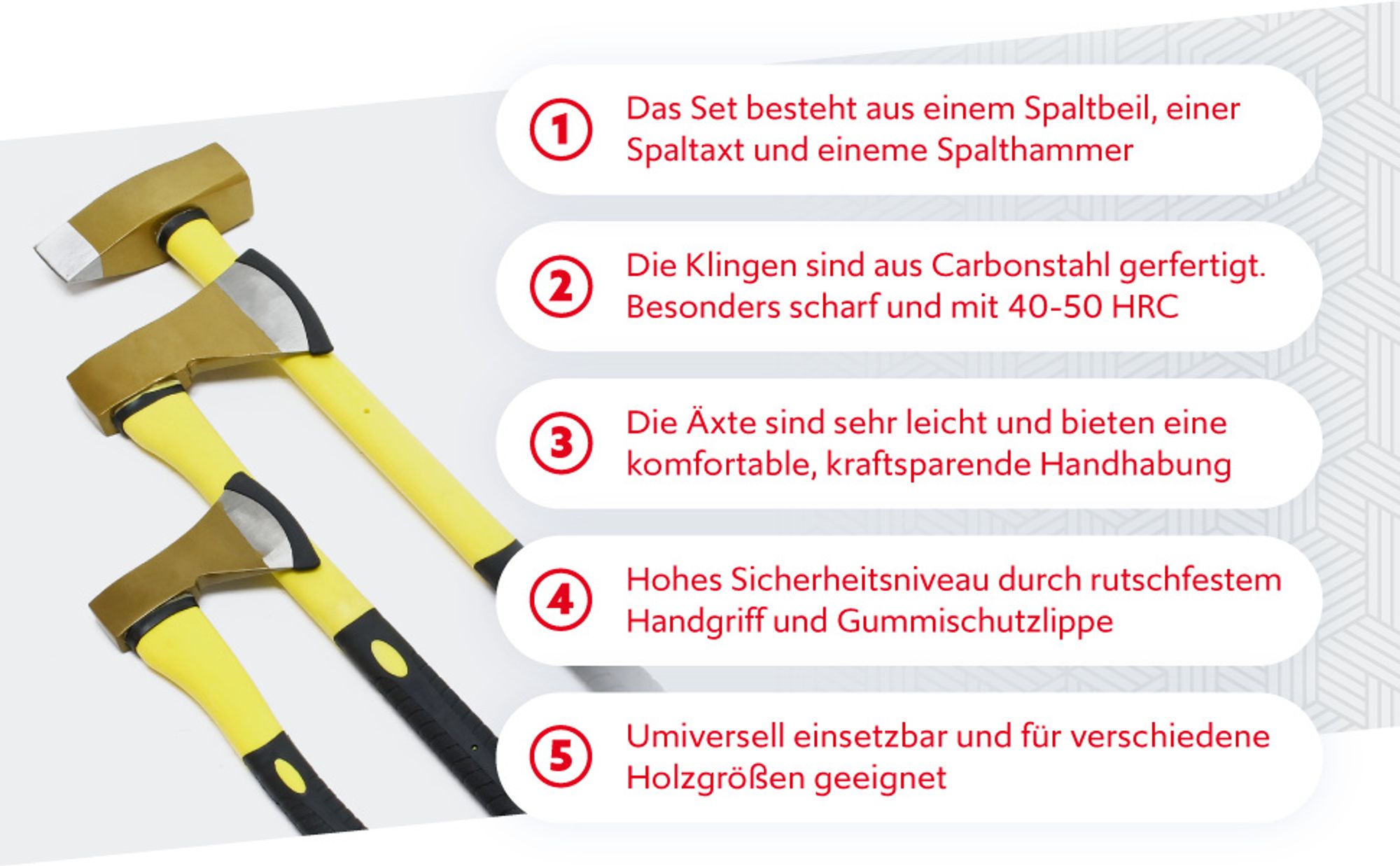 Wiltec Axt Set 3tlg. Spaltbeil Spaltaxt und Spalthammer, geringes Gewicht und rutschfester Griff