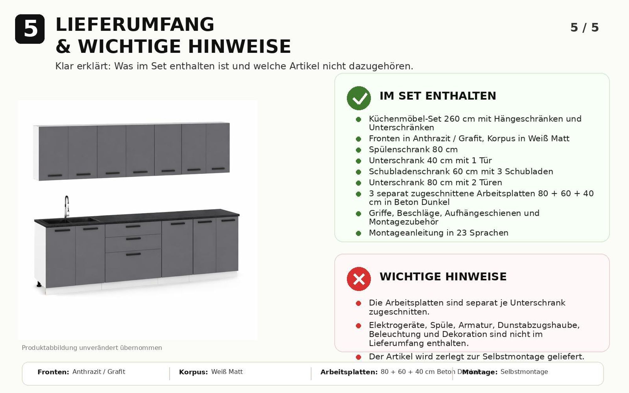 Lieferumfang der Küchenzeile 260 cm mit Schränken, Beschlägen und wichtigen Hinweisen