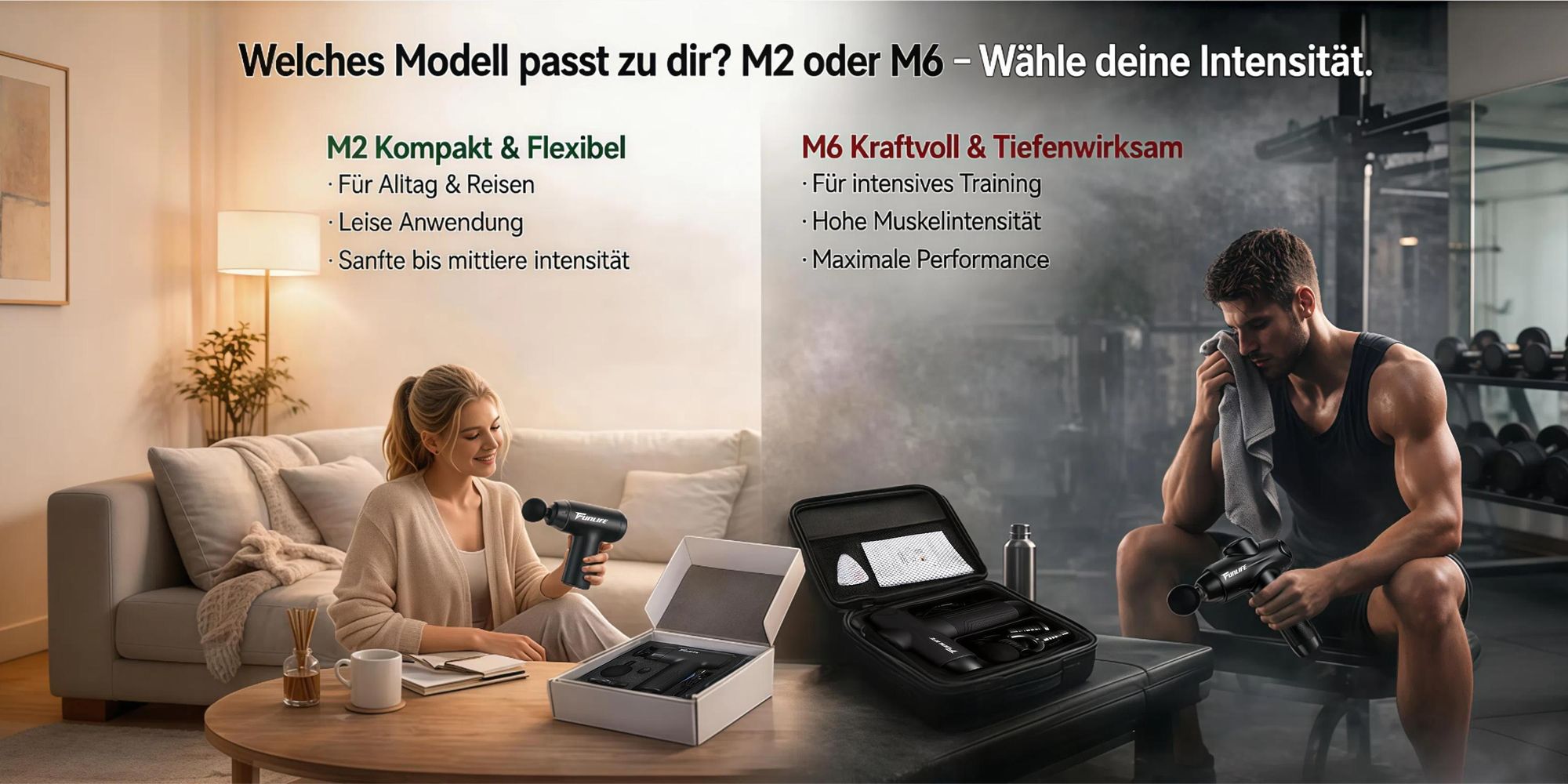 FunLife M6 Massagepistole, Tiefengewebe Muskelmassagegerät, 12 mm Amplitude, 3200 U/min, 10 Stufen, 6 Massageköpfe, LED, USB-C, leise <45 dB