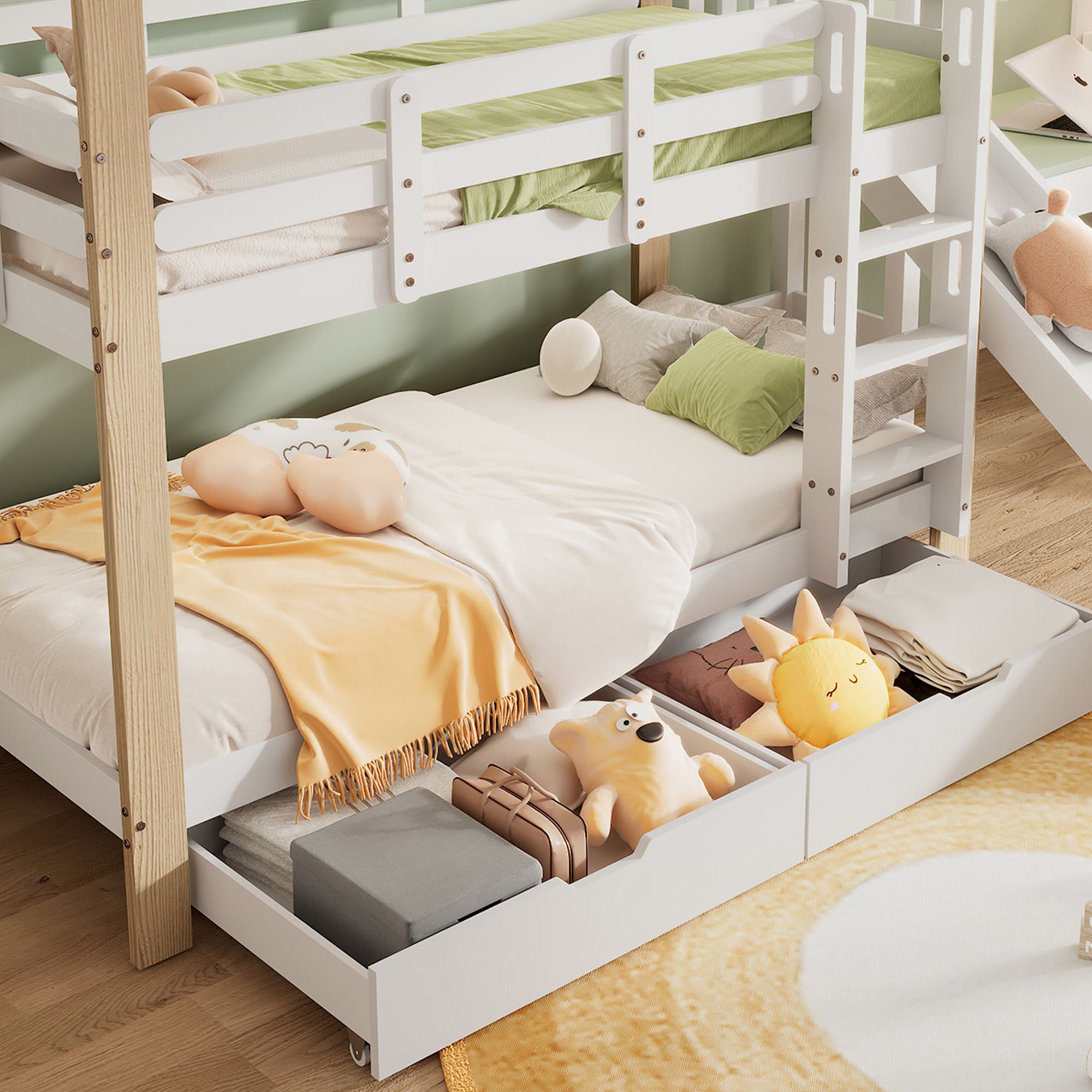 Flieks Etagenbett mit Rausfallschutz, Kinderbett mit Rutsche und Leiter, Hochbett mit 2 Schubladen, Hausbett Massivholzbett Stockbett 90x200cm, Weiß