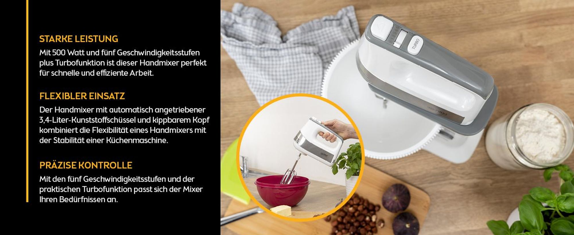 TZS First Austria Handmixer mit 3,5L Kunststoffschüssel mit Automatikantrieb, 500W, 5 Geschwindigkeiten, Turbofunktion, inkl. Knethaken und Rührbesen