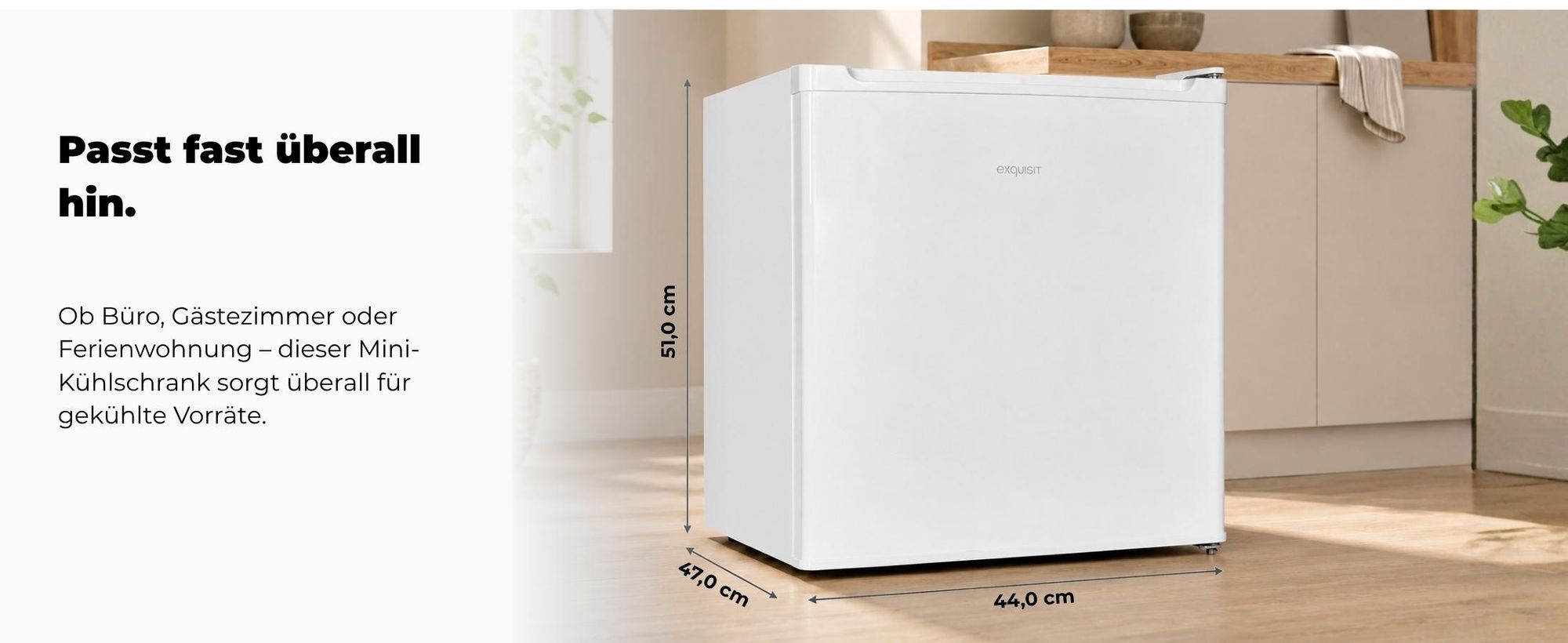 Exquisit Mini-Kühlschrank, Kühlschrank ohne Gefrierfach, 40 Liter, 45 cm Breite, 51 cm Höhe, Türanschlag wechselbar, KB505-V-040E weiss