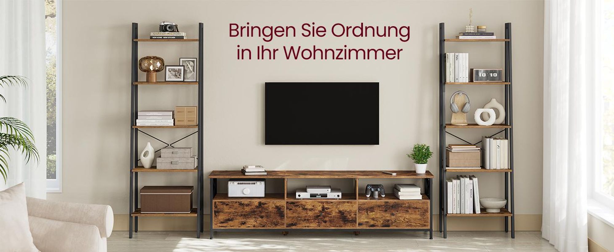 Fernsehtisch, TV-Ständer für Fernseher bis zu 80 Zoll, reichlich Stauraum, 178 x 40 x 50 cm, braun-schwarz