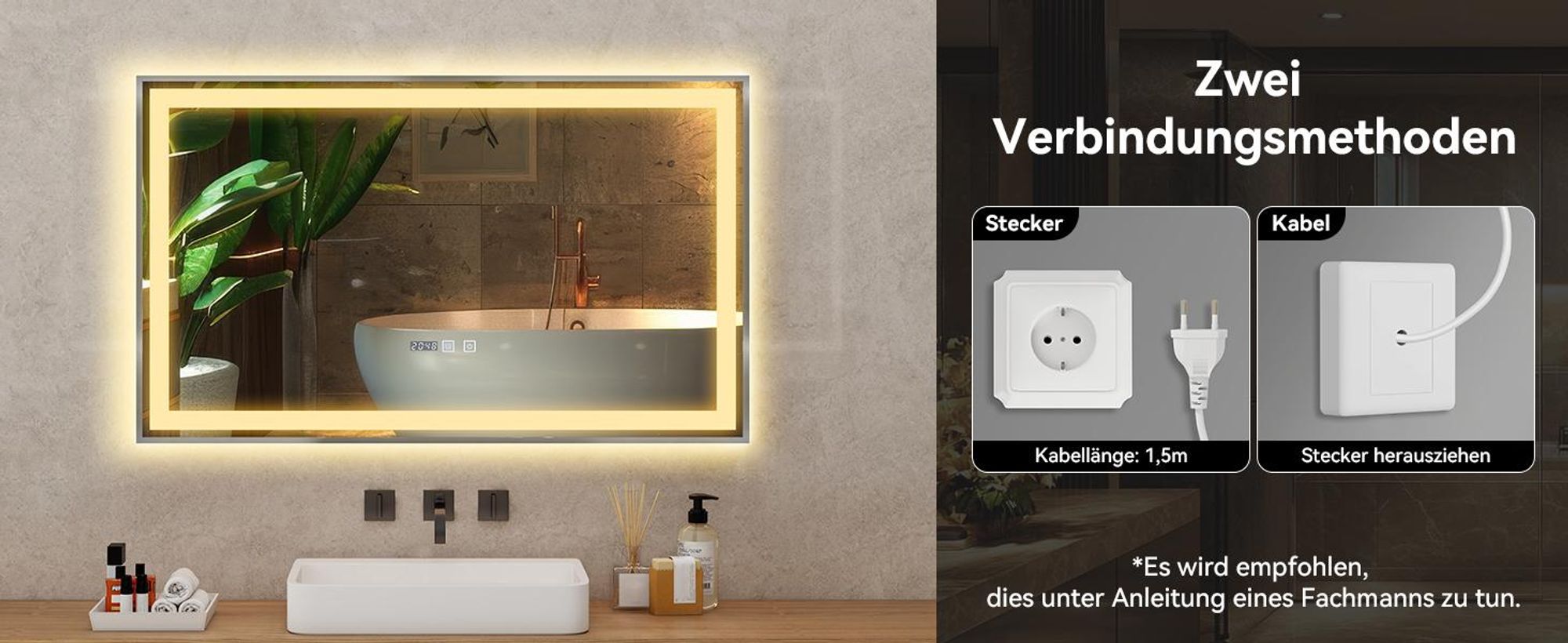 Puluomis Badspiegel 100x60 beschlagfrei mit 3 Farbe Beleuchtung, dimmbare Helligkeit, Badezimmerspiegel mit Digitaluhr, Temperatur silber