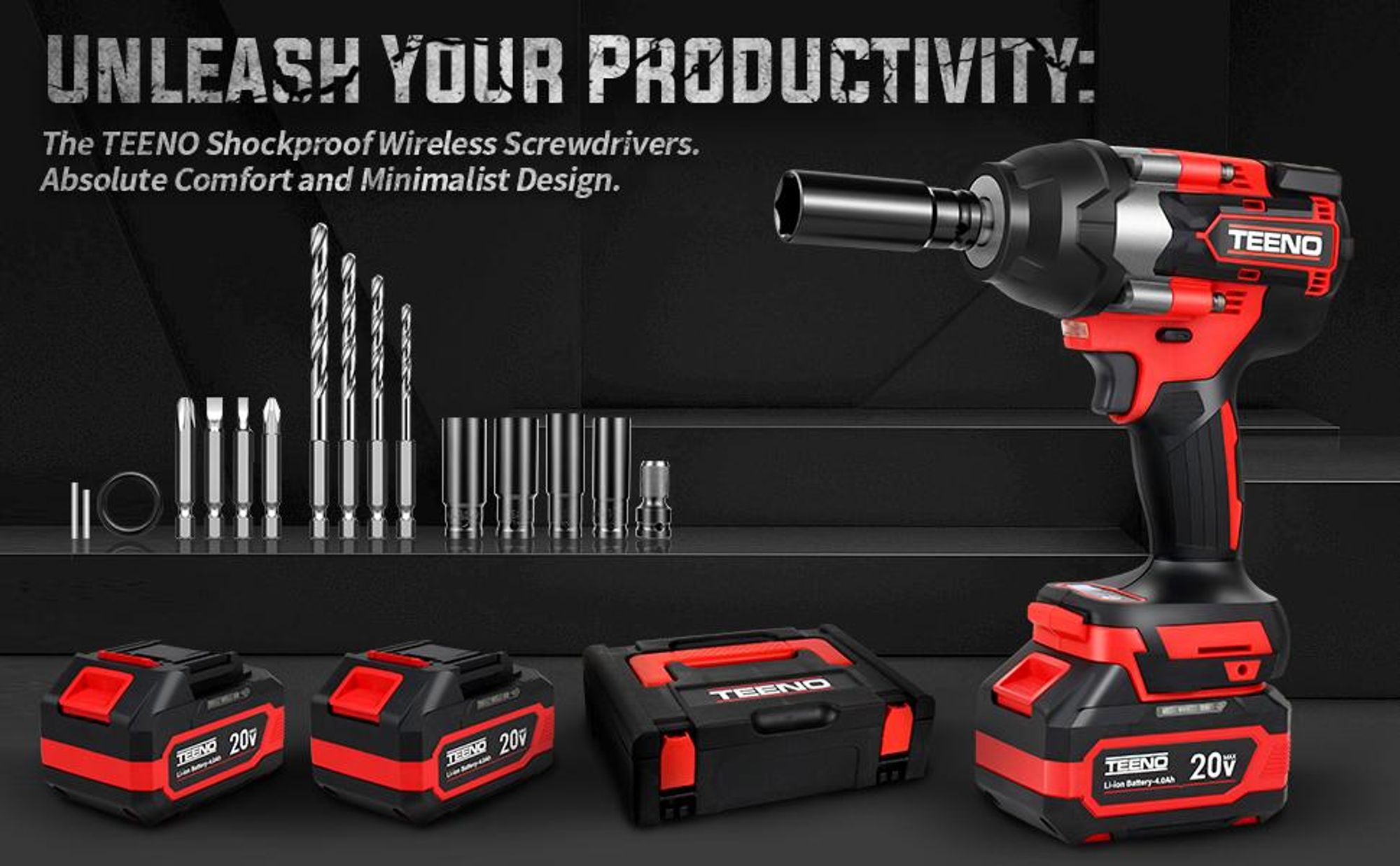 TEENO Clé à Choc Sans Fil 700 Nm 1/2", 20V Brushless avec 2 Batteries 4000mAh, 4 Douilles (17/19/20/21mm), Tête Pivotante 180° & 90°, Chargeur Rapide