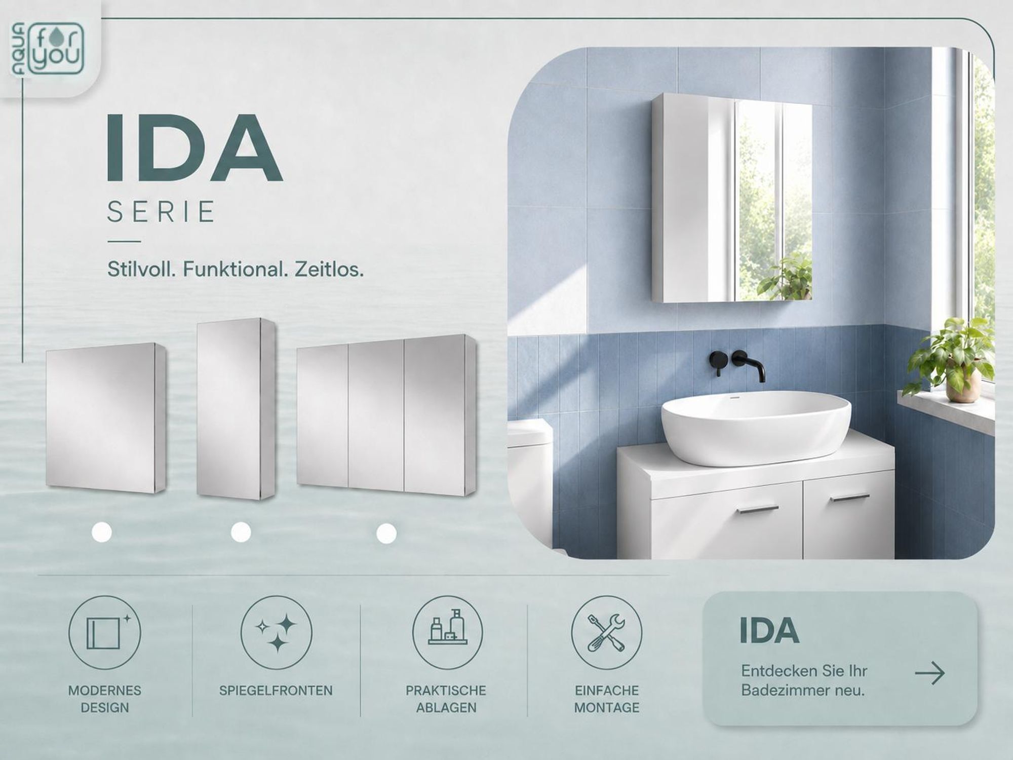 AQUA for you | Spiegelschrank - ASTOR IDA 50- Bad-Hängeschrank – 50x60x13,8 cm - beidseitig - Weiß Glanz - mit Spiegel, Soft-Close, Badschrank