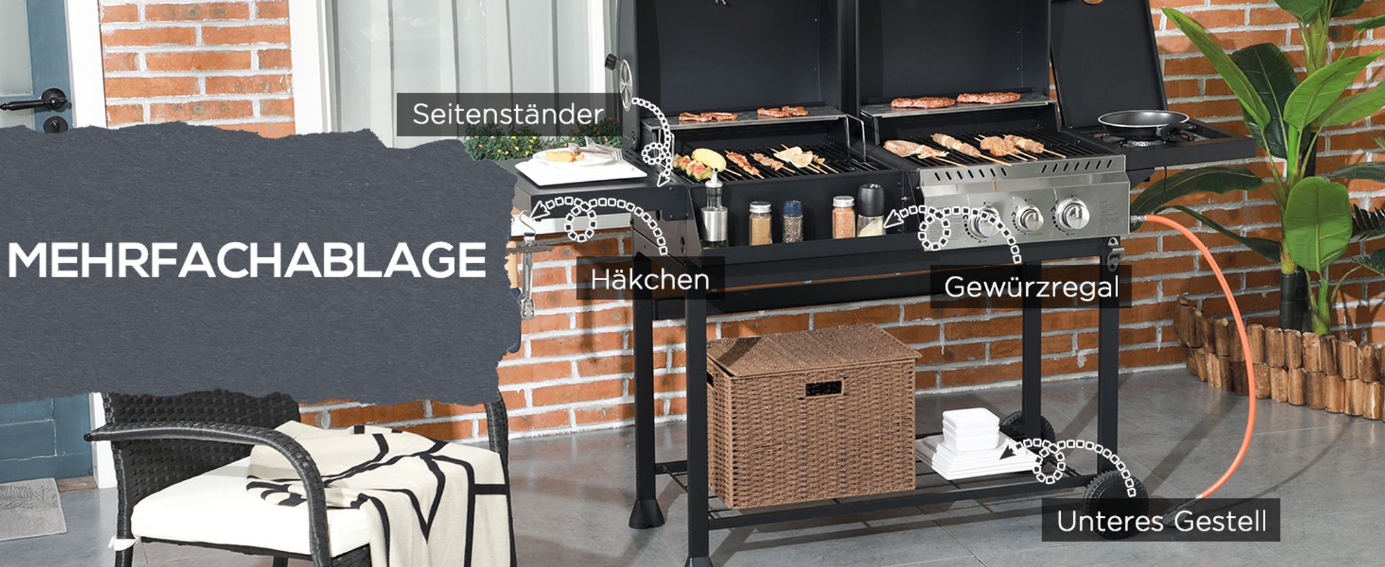 Outsunny Holzkohlgrill Gasgrill mit 2+1 Brenner, Thermometer, Haken, Schwarz