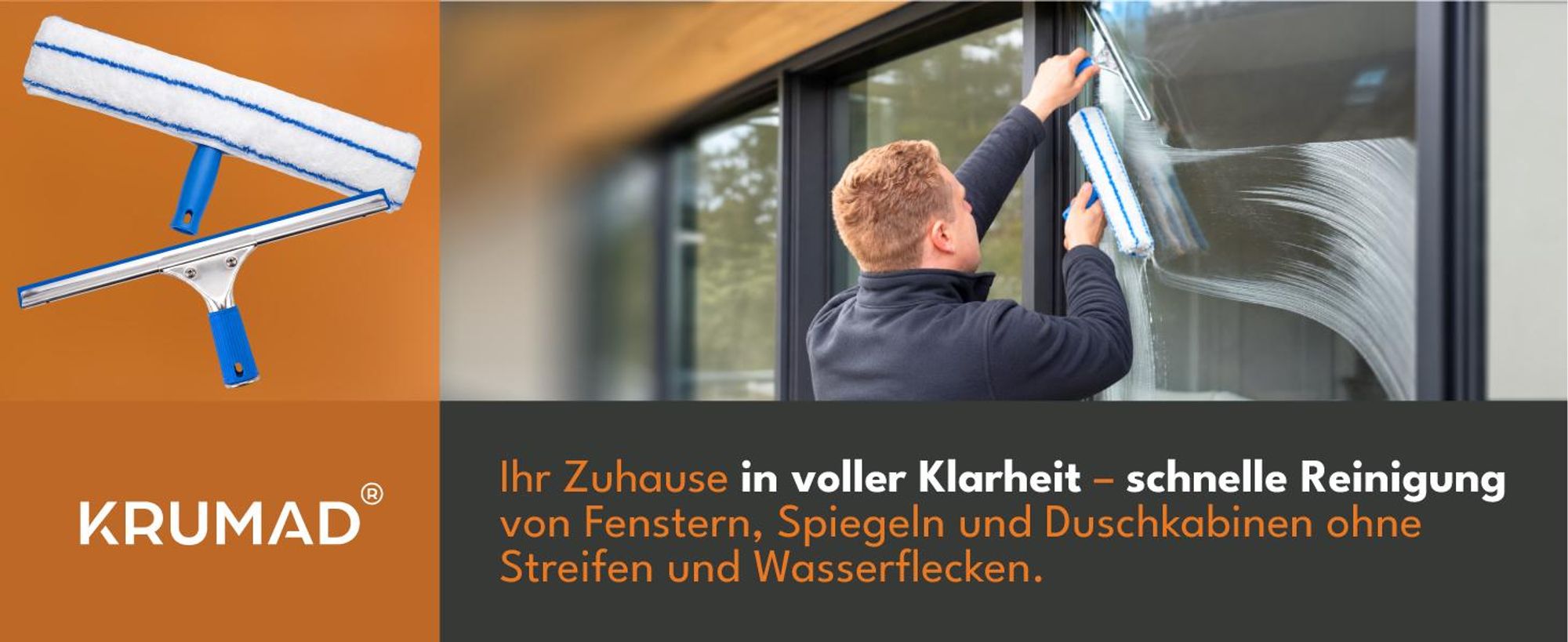 KRUMAD Fensterreiniger Set 2in1, Fensterputzer, Fensterwischer mit Mikrofaser und Abzieher, Glasreiniger Set mit Edelstahlprofil, für Fenster, Spiegel