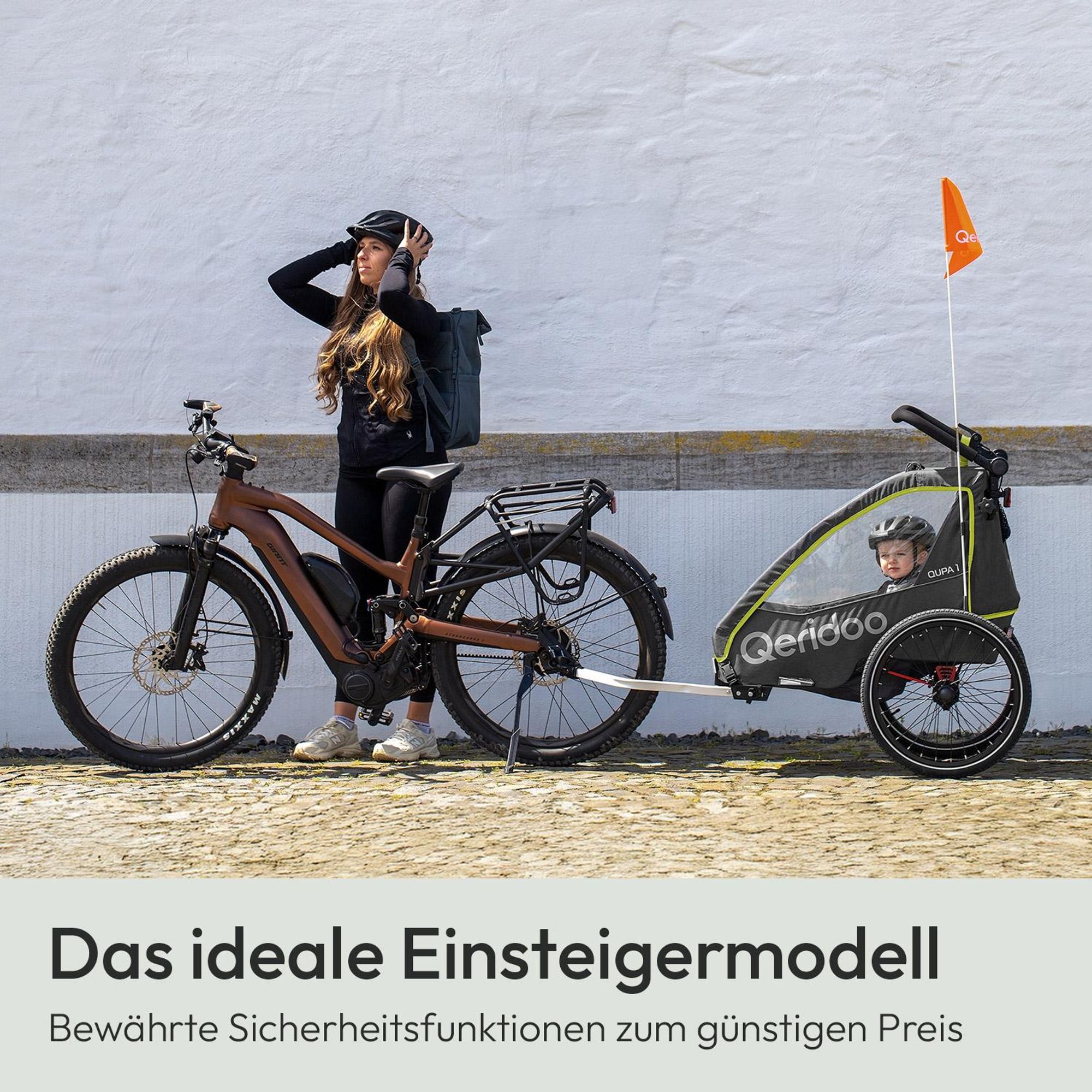 Qeridoo QUPA 1 - Kinderfahrradanhänger für 1 Kind, Farbe: Lime
