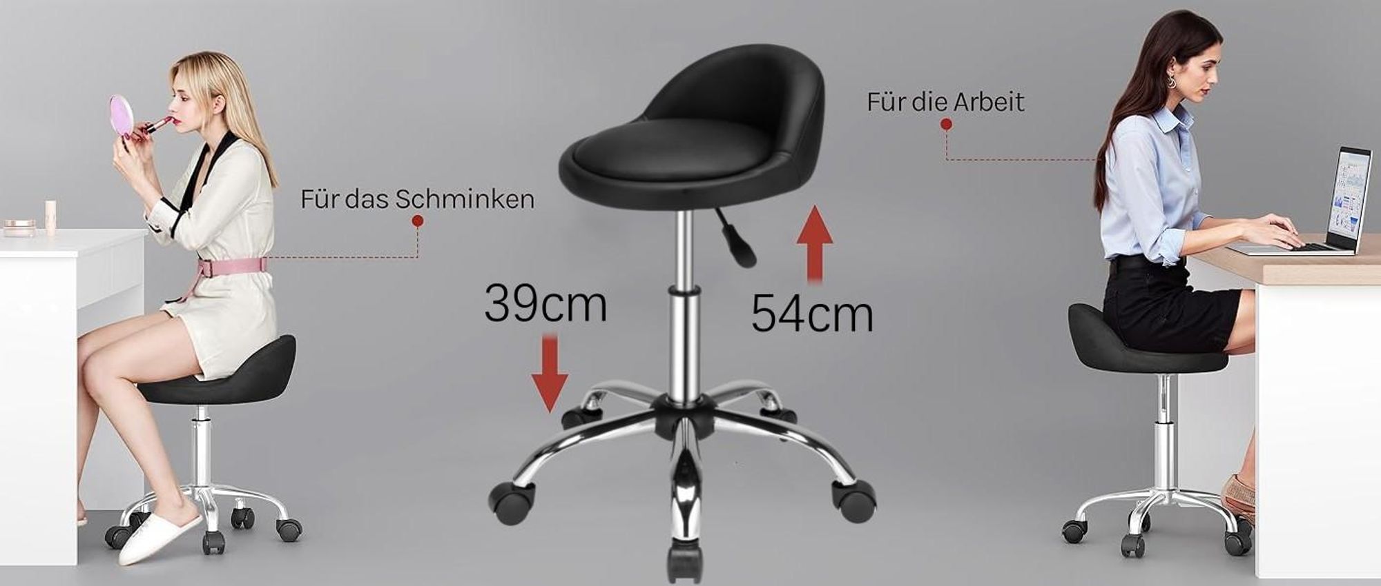 FCH Rollhocker Drehhocker Arbeitshocker Praxishocker Drehstuhl Bürohocker mit Rollen Rollhocker mit Lehne Arbeitshocker höhenverstellbar Schwarz