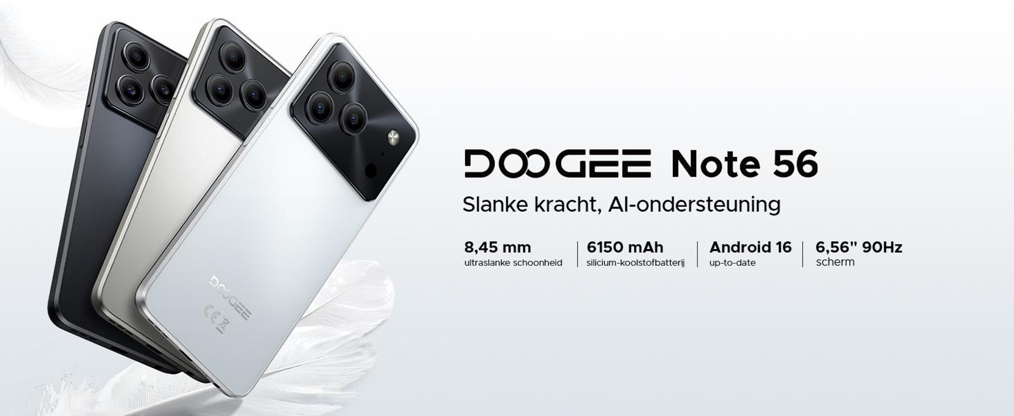 DOOGEE Note 56 Smartphone, Android 16, 6,56" 90Hz HD+, 6150mAh batterij, 24GB RAM + 64GB opslag, 4G Dual-SIM, 8MP camera, gezichtsherkenning, OTG, zonder abonnement
