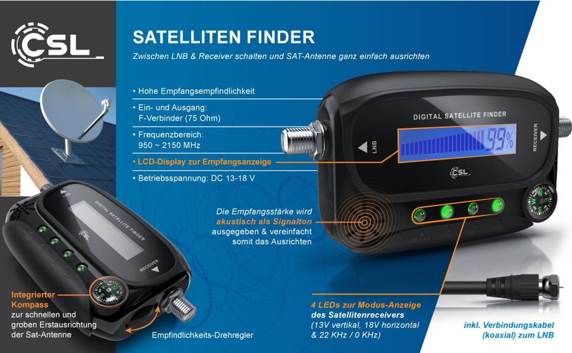 CSL Satfinder digital, Funktionen, LCD-Display und Kompass