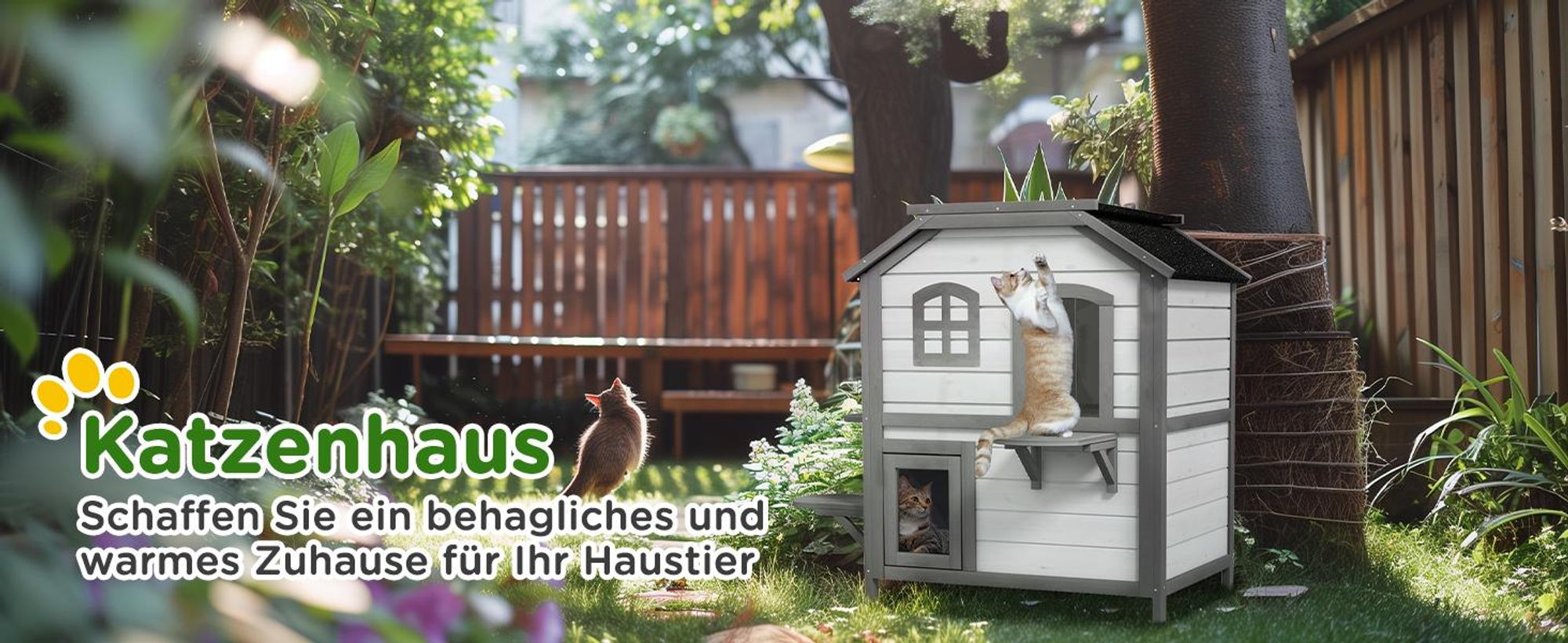 PawHut Katzenhaus aus Holz, Outdoor Katzenhütte mit Treppe, 2-Etagen, Kleintierhaus für Katzen bis 4,5 kg, Weiß, 99,5 x 76 x 91 cm