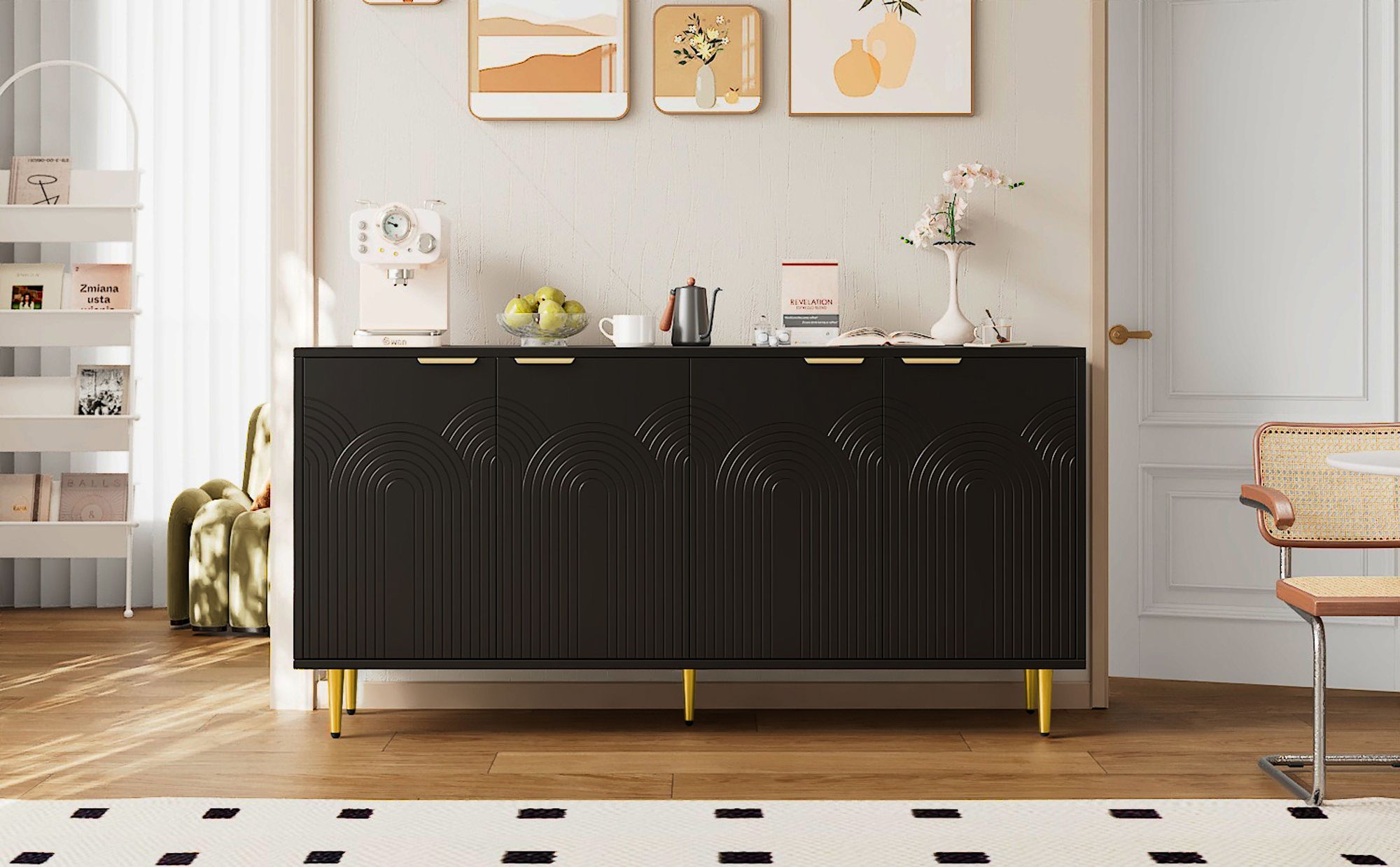 Flieks Sideboard Kommode mit 4 Türen, 160x40x80 cm, Holzkommode mit golden Metallbeine, Anrichte für Küche Wohnzimmer, schwarz