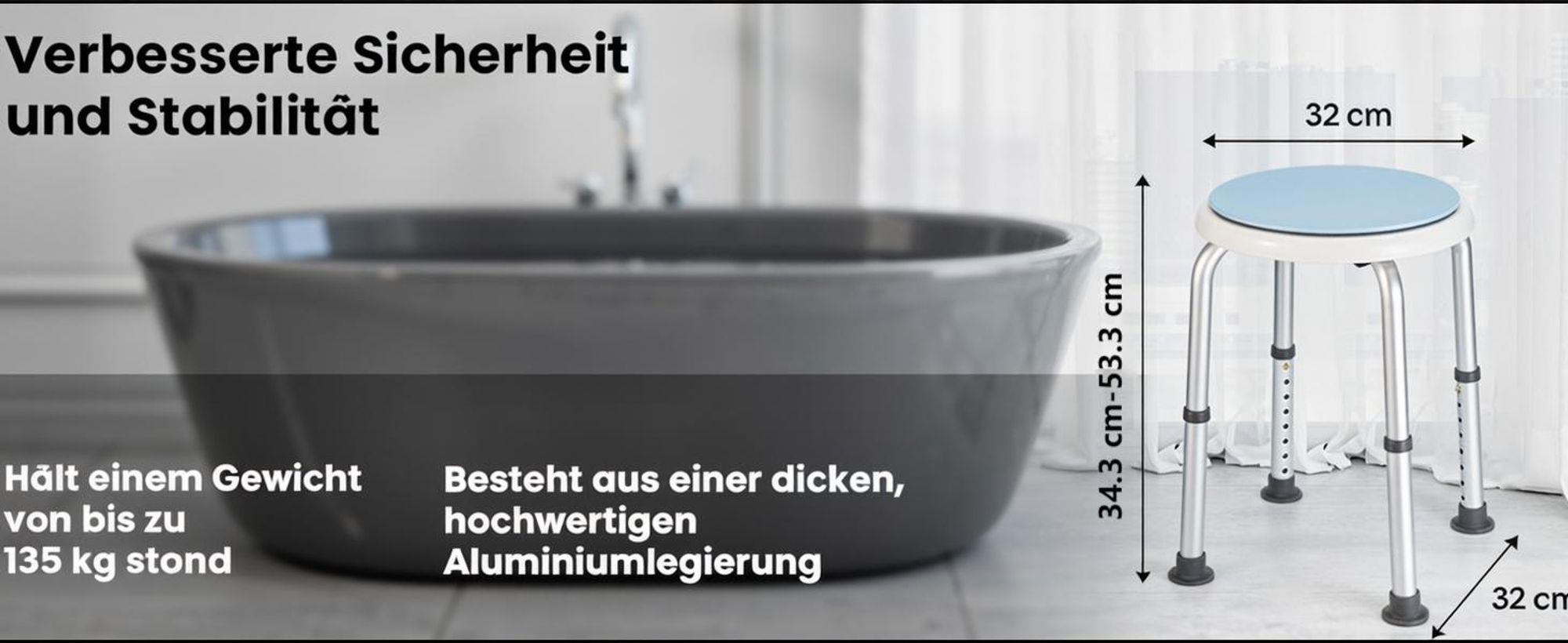 Duschhocker, Badhocker, Duschstuhl, Dusch- und Badhocker, Badestuhl, 360° Drehbarer, Hocker höhenverstellbar 34-52cm, bis 136KG, Rutschfester