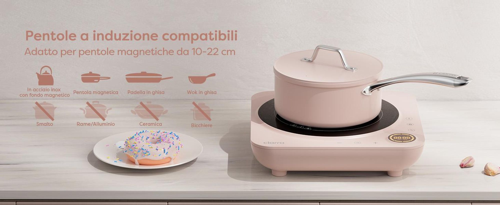 CIARRA piano cottura a induzione singolo Piano cottura a induzione 1 piastra 2000W piano cottura singolo Touch-Control VM1TIHA-P