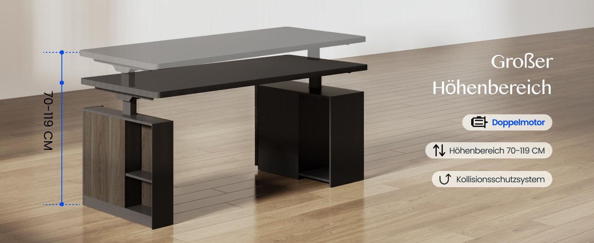 FLEXISPOT  Höhenverstellbarer Schreibtisch 160x80cm mit 2 Schränke, 2 Motoren, 25MM EINTEILIGE TISCHPLATTE, 120 kg Tragkraft, Kabelmanagement, Schwarz