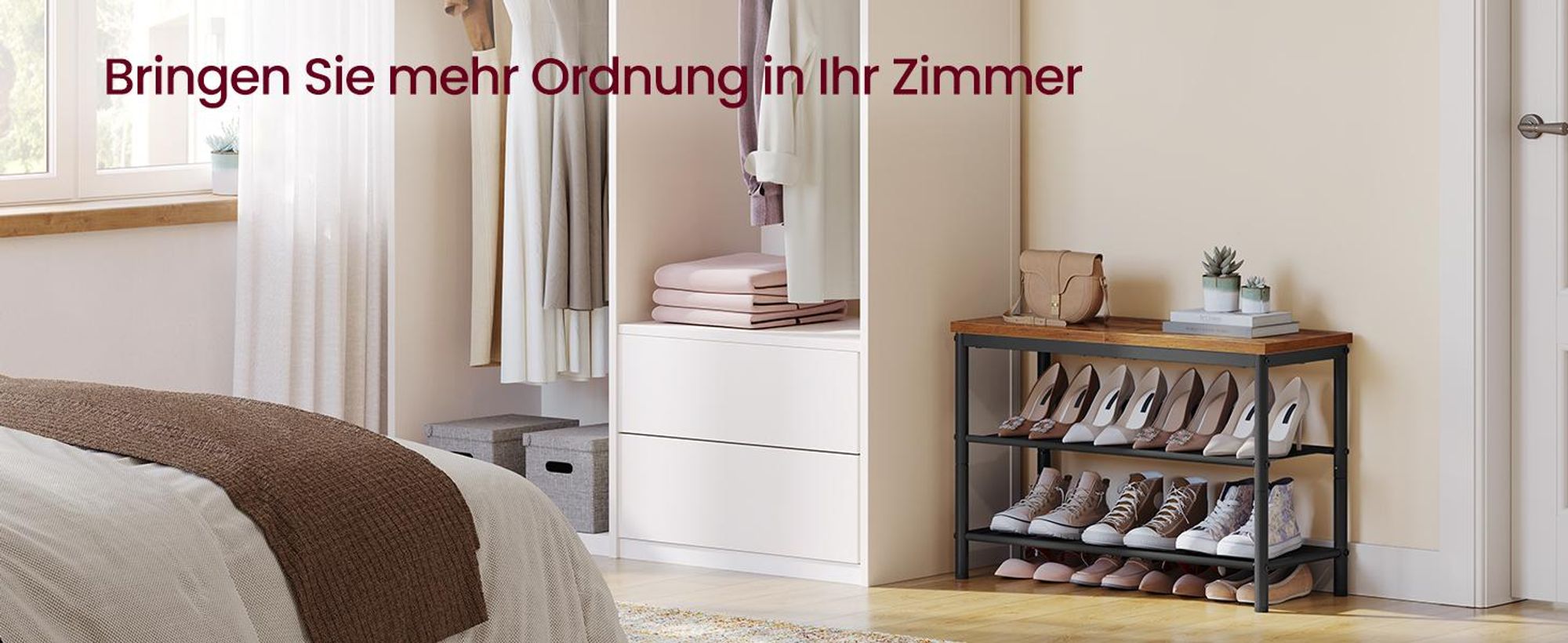 VASAGLE Schuhregal aus Metall mit 3 Ebenen, Schuhablage für Flur, platzsparend, braun-schwarz