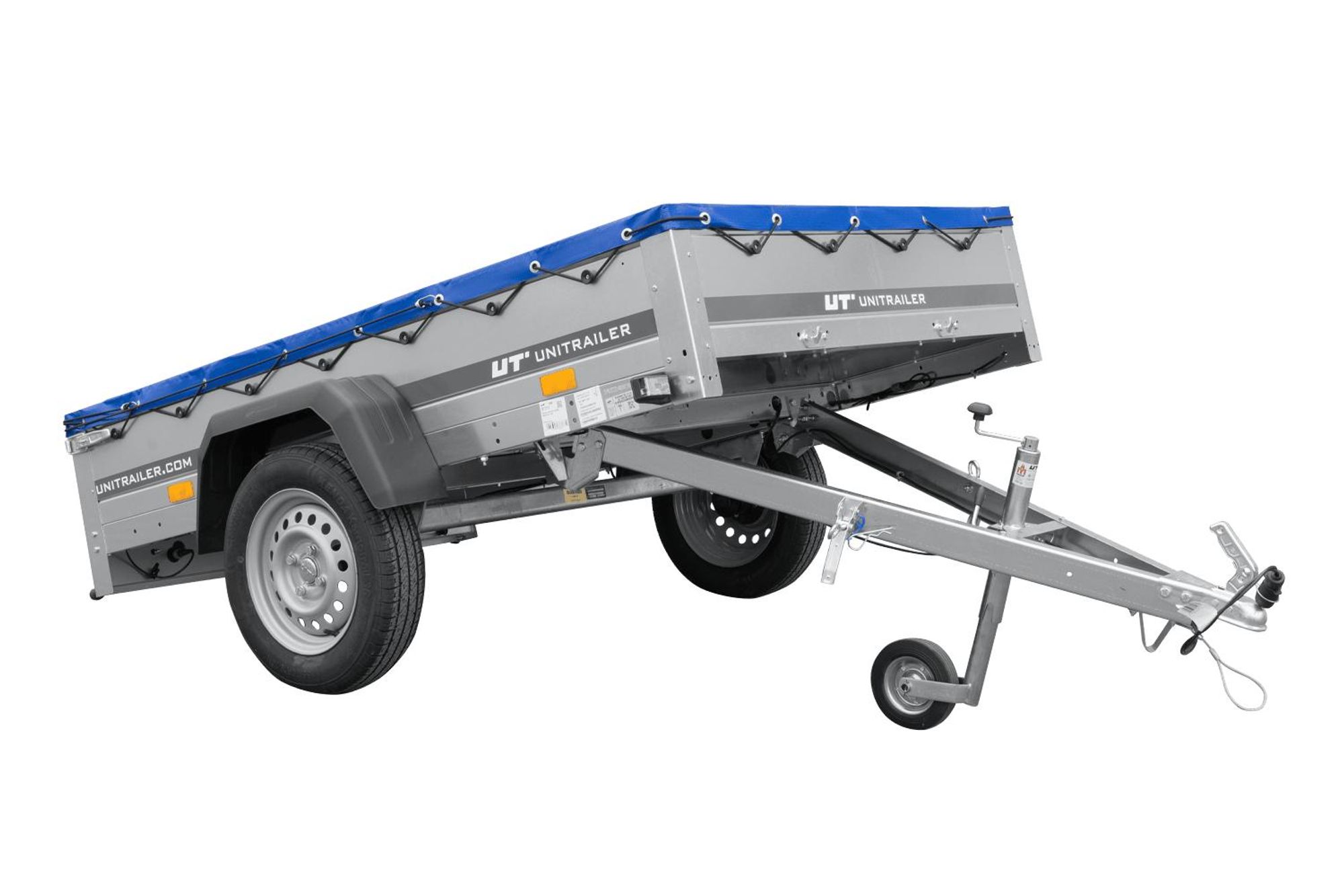 PKW-Anhänger 200x125 UNITRAILER GARDEN 201 KIPP mit blauer Flachplane und Flachplanenträger