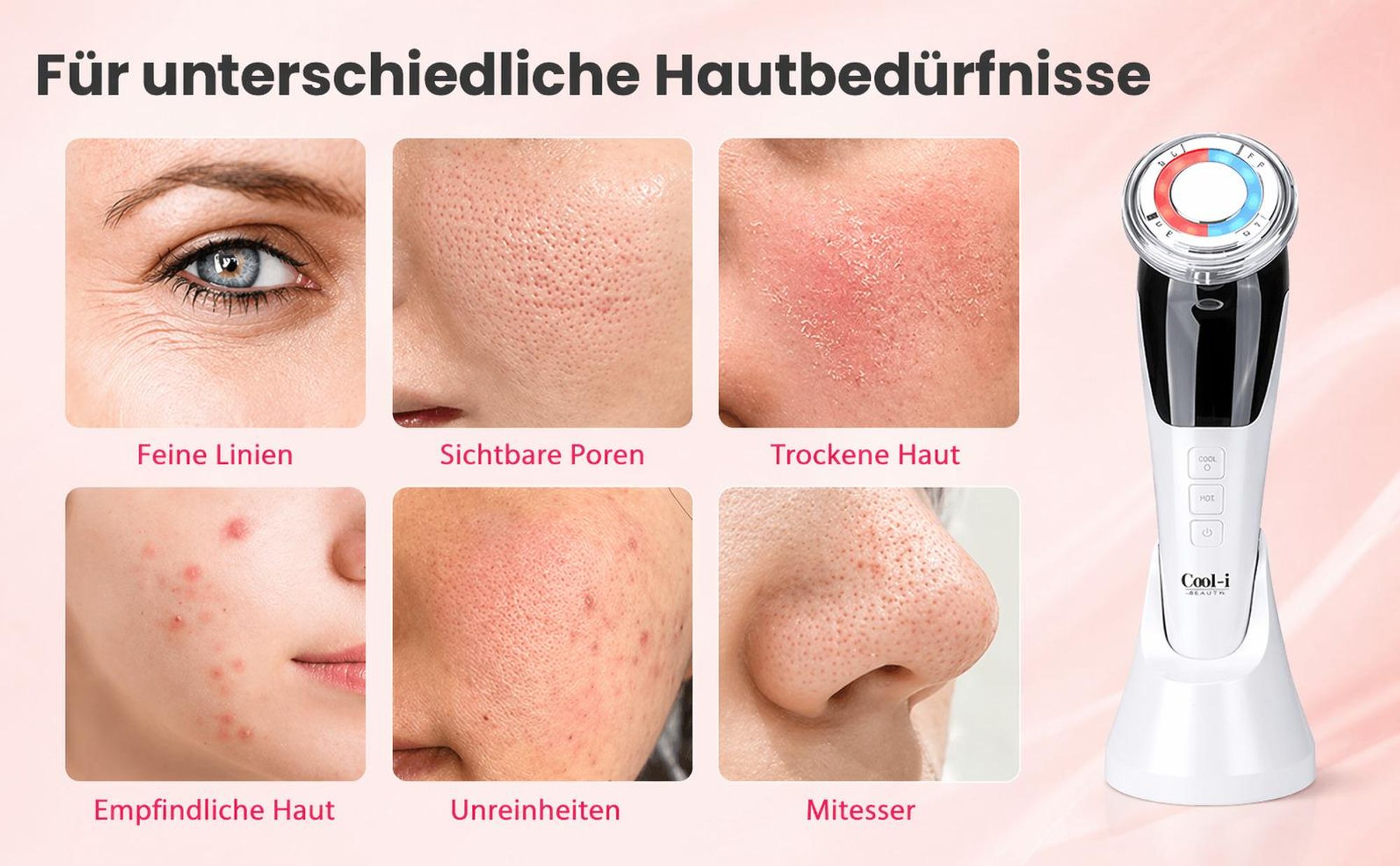 COOL-i® 5-in-1 Beautygerät – Für ergänzende Gesichtspflege mit EMS, Licht-, Wärme- & Kühlfunktion – Kabellos & kompakt für Zuhause (Weiß)